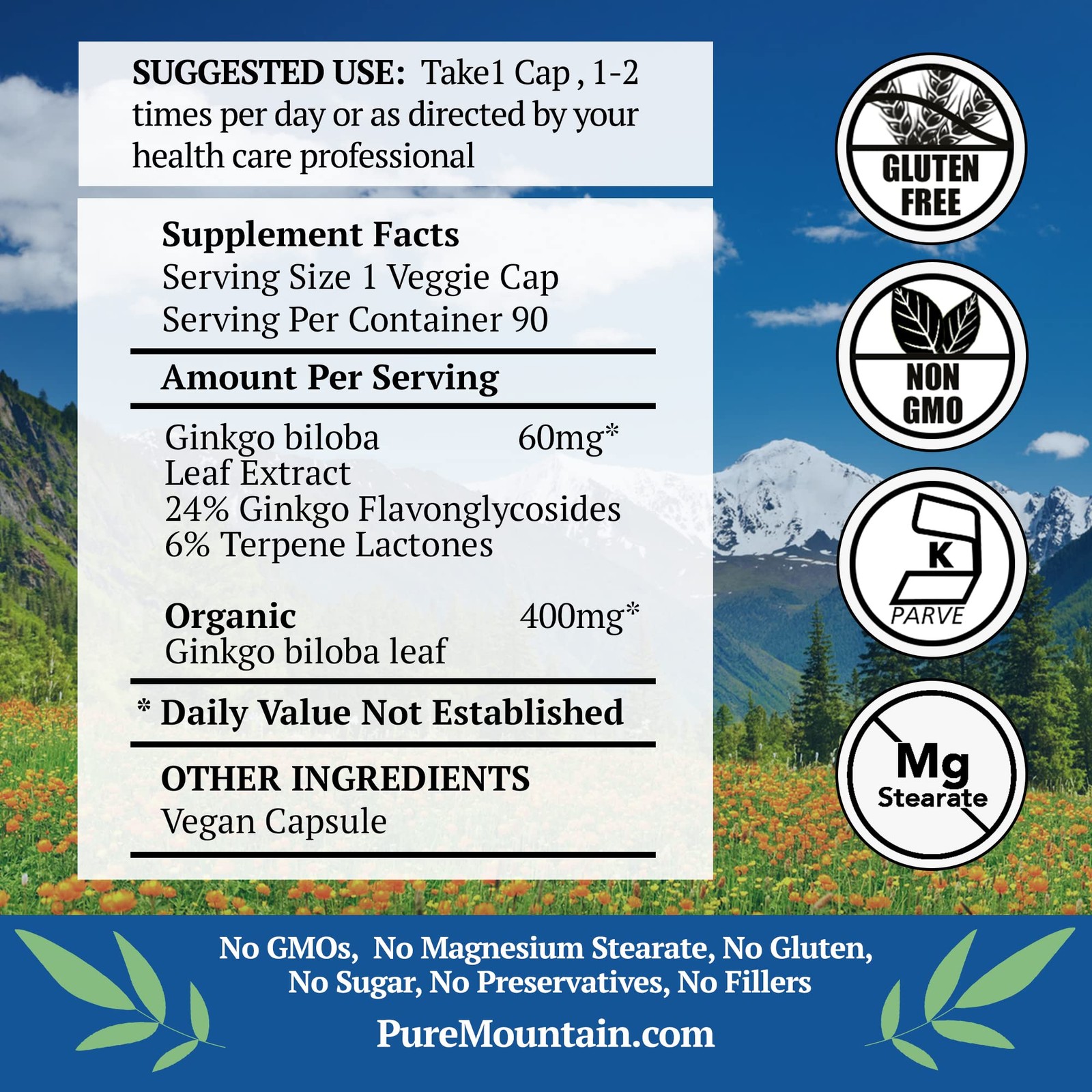 Pure Mountain Botanicals Ginkgo Biloba Capsules – 400mg Organic Ginkgo Biloba