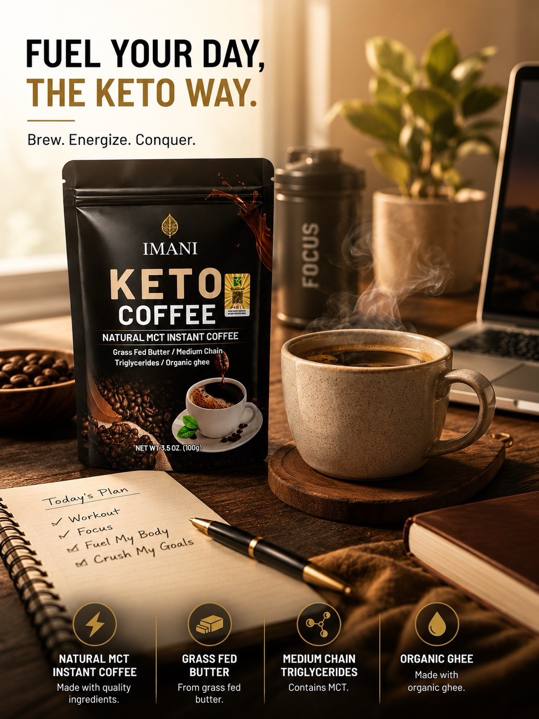 Keto Coffee Natural MCT Instant Coffee Grass Fed Butter & Ghee Blend 100g Diet