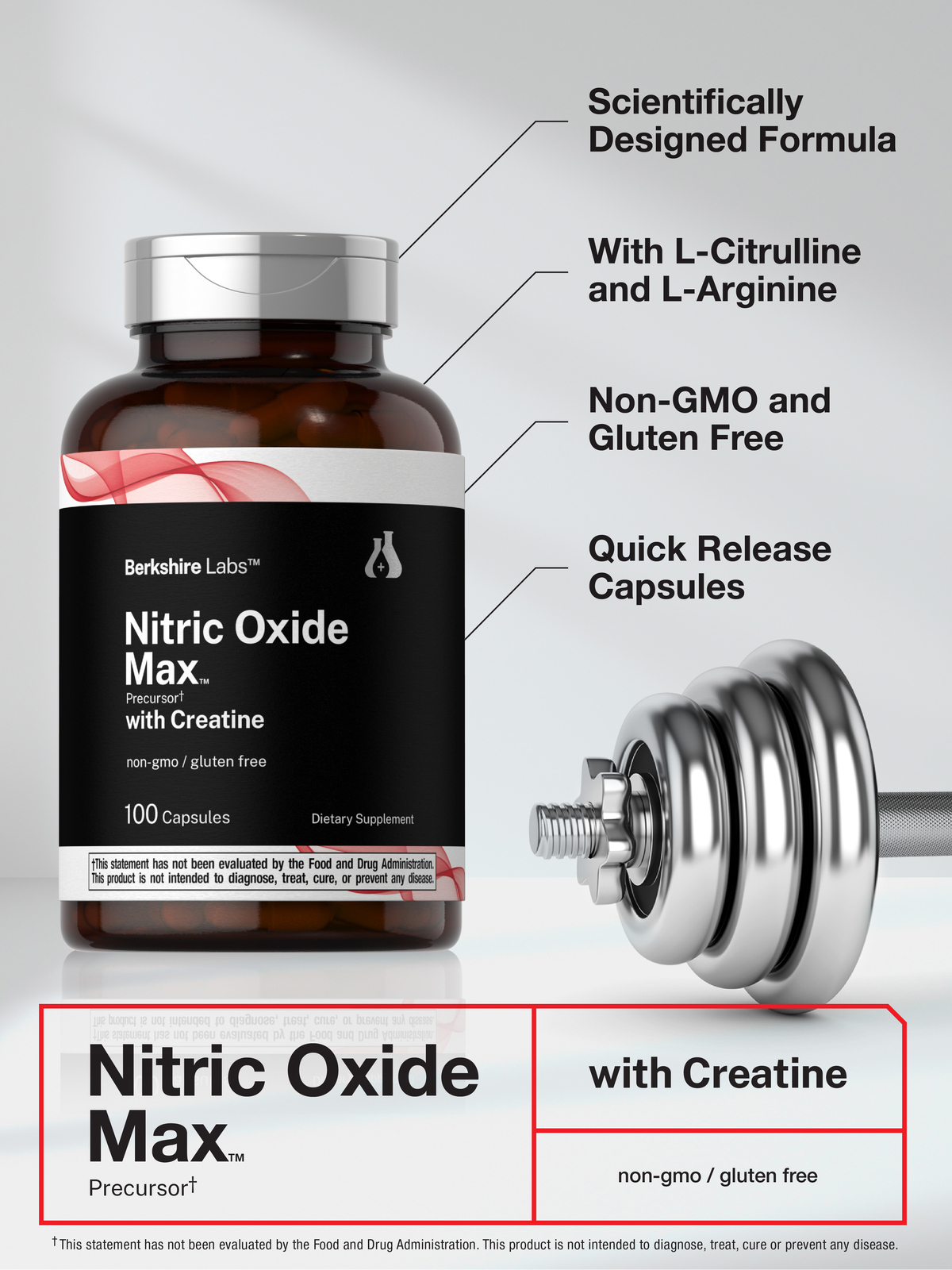 Nitric Oxide Supplement with Creatine | 100 Capsules | by Berkshire Labs