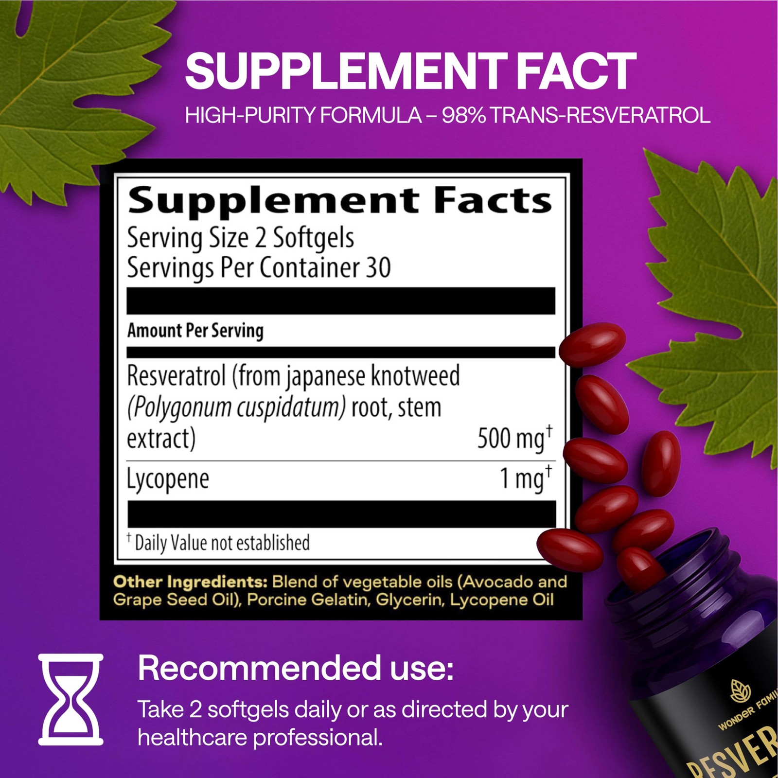 Resveratrol Supplement 500mg – 98% Trans 60 Count (Pack of 1)