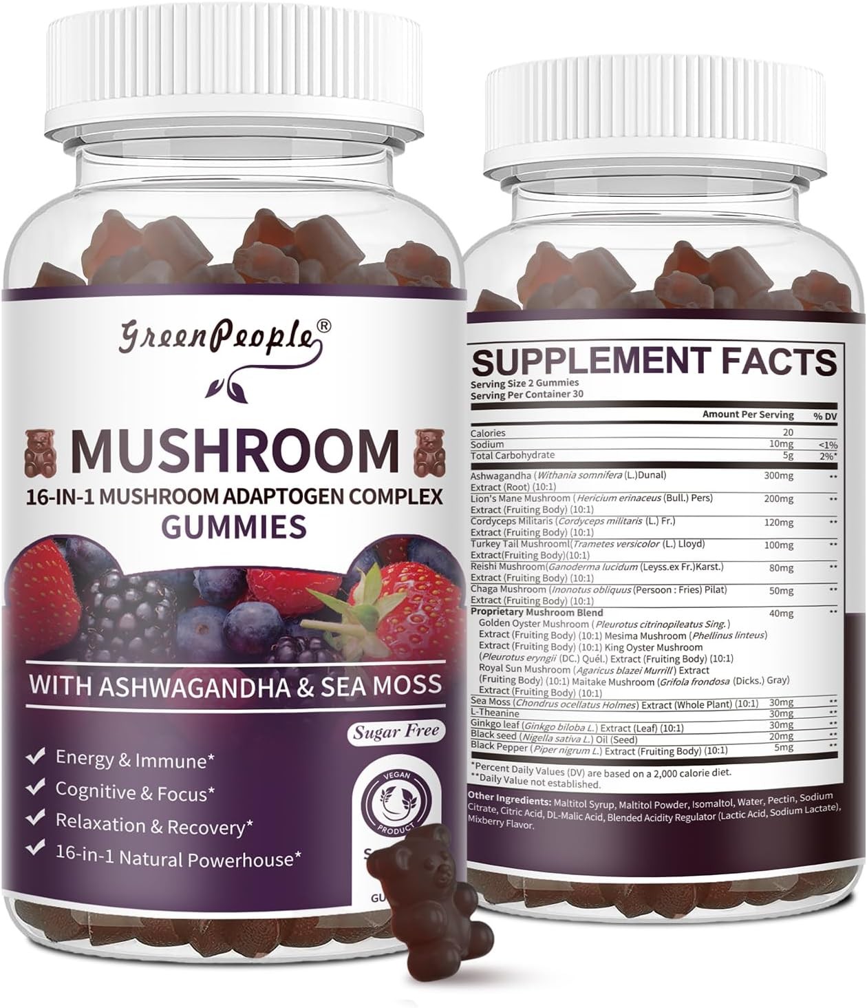 Mushroom Extract Complex Gummies Lions Mane Chaga 2-pack Focus Memory Immunity