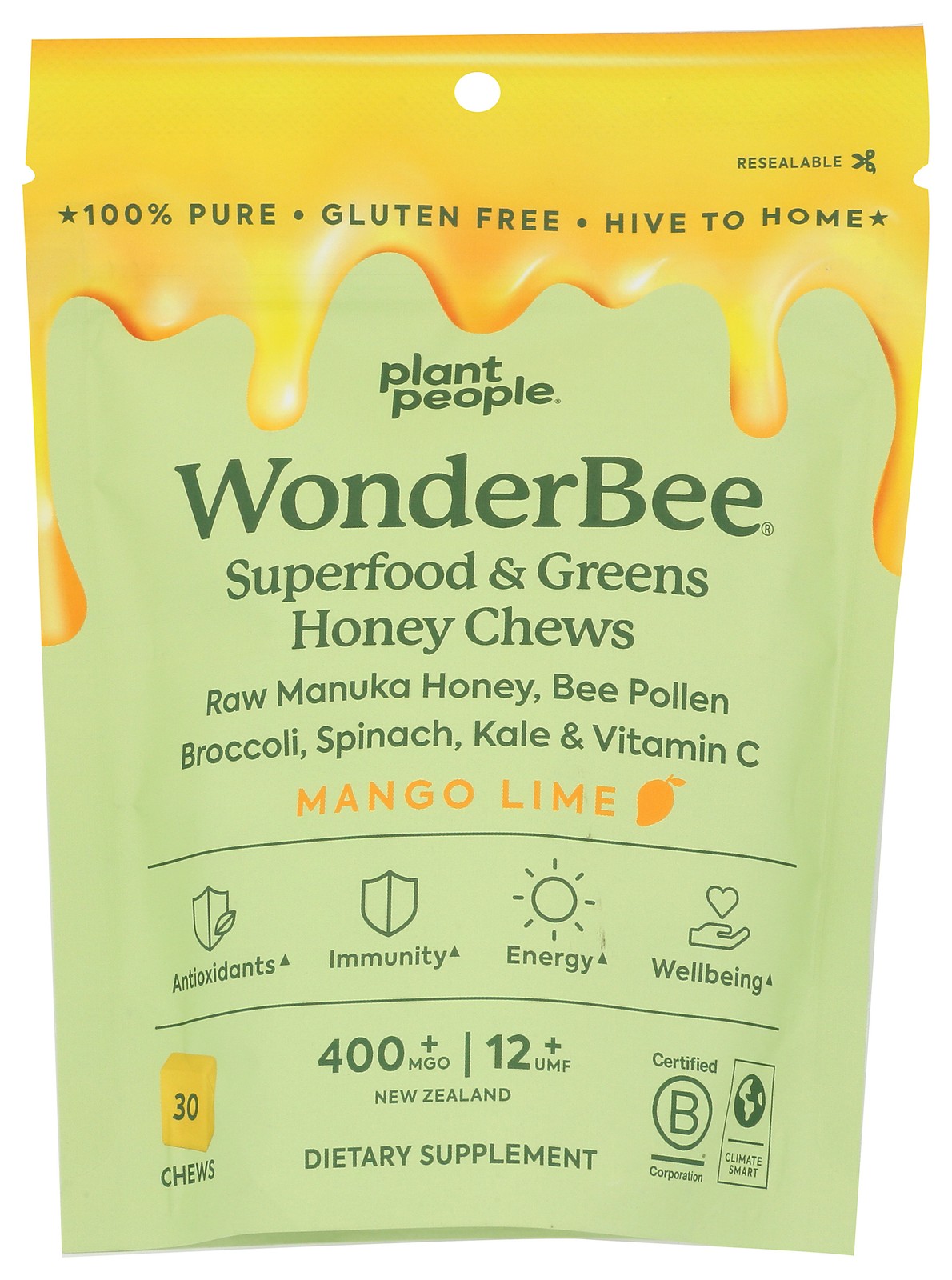 Plant People Wonderbee Mango Lime Superfood Greens Honey Chews 30 Ct 30Ct 1 Pack