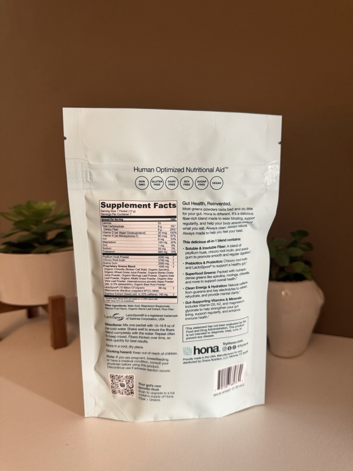 hona Fiber + Greens Gut Superfood Blend Powder 3.2 oz Vegan Non-GMO