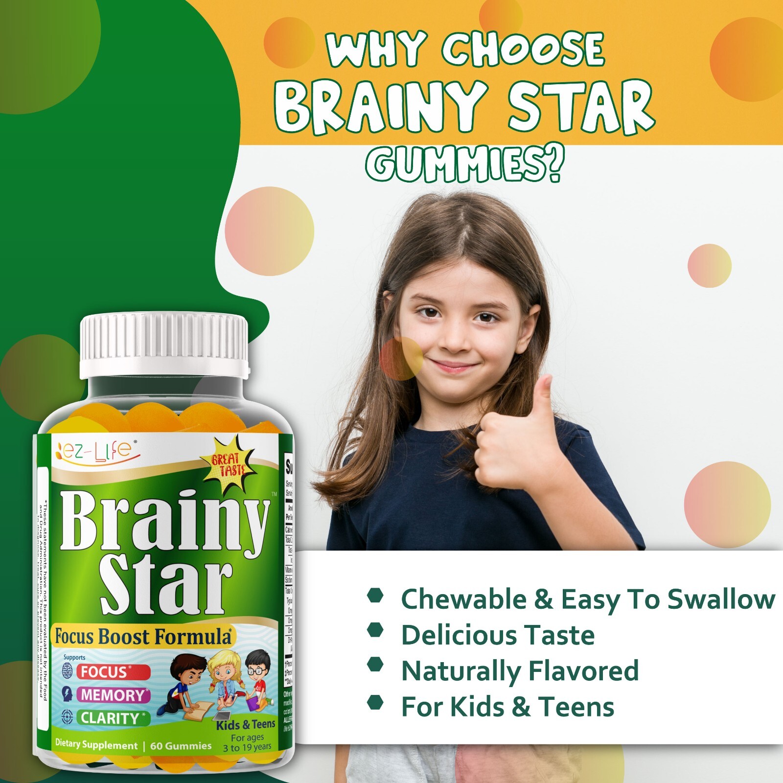 Focus Gummies for Kids & Teens – Brain & Memory Support Omega 3 6 9 – 60 Gummies