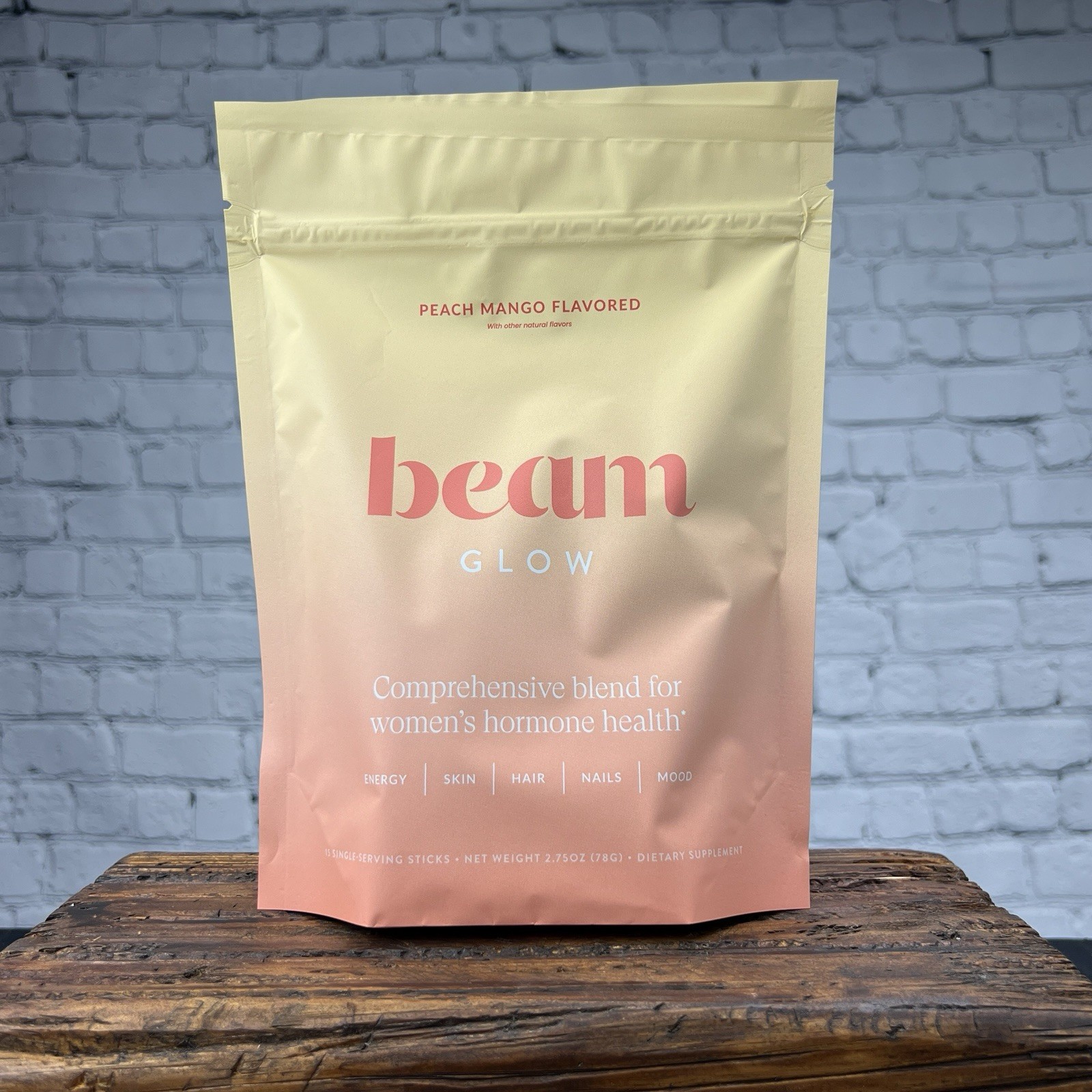 Beam Glow Supplement Peach Mango Powder Drink Mix 15 Stick Packs
