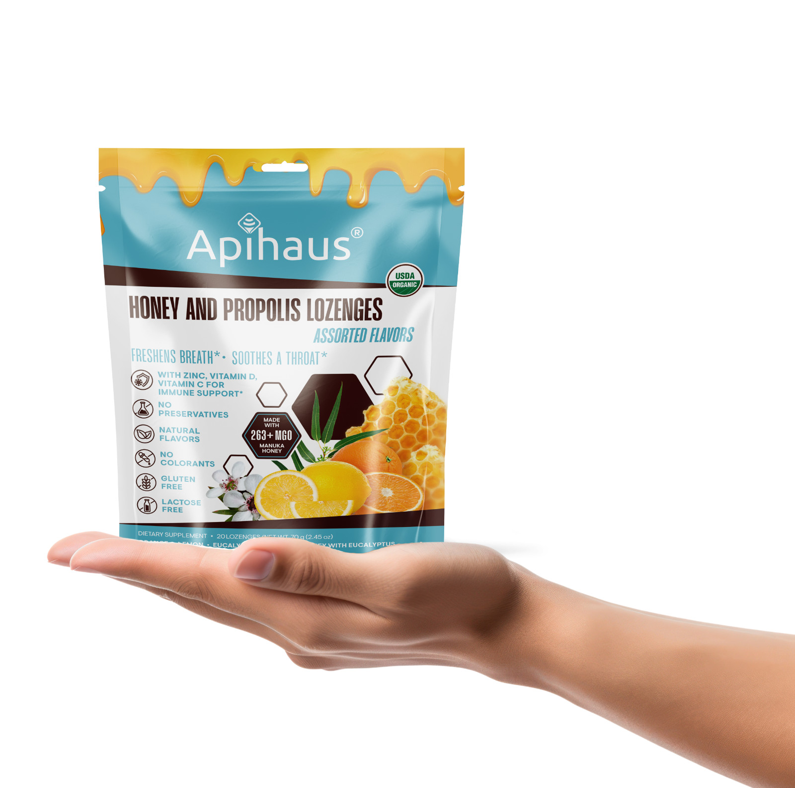 Honey and Propolis Organic Lozenges by Apihaus 20 pcs Assorted Flavors