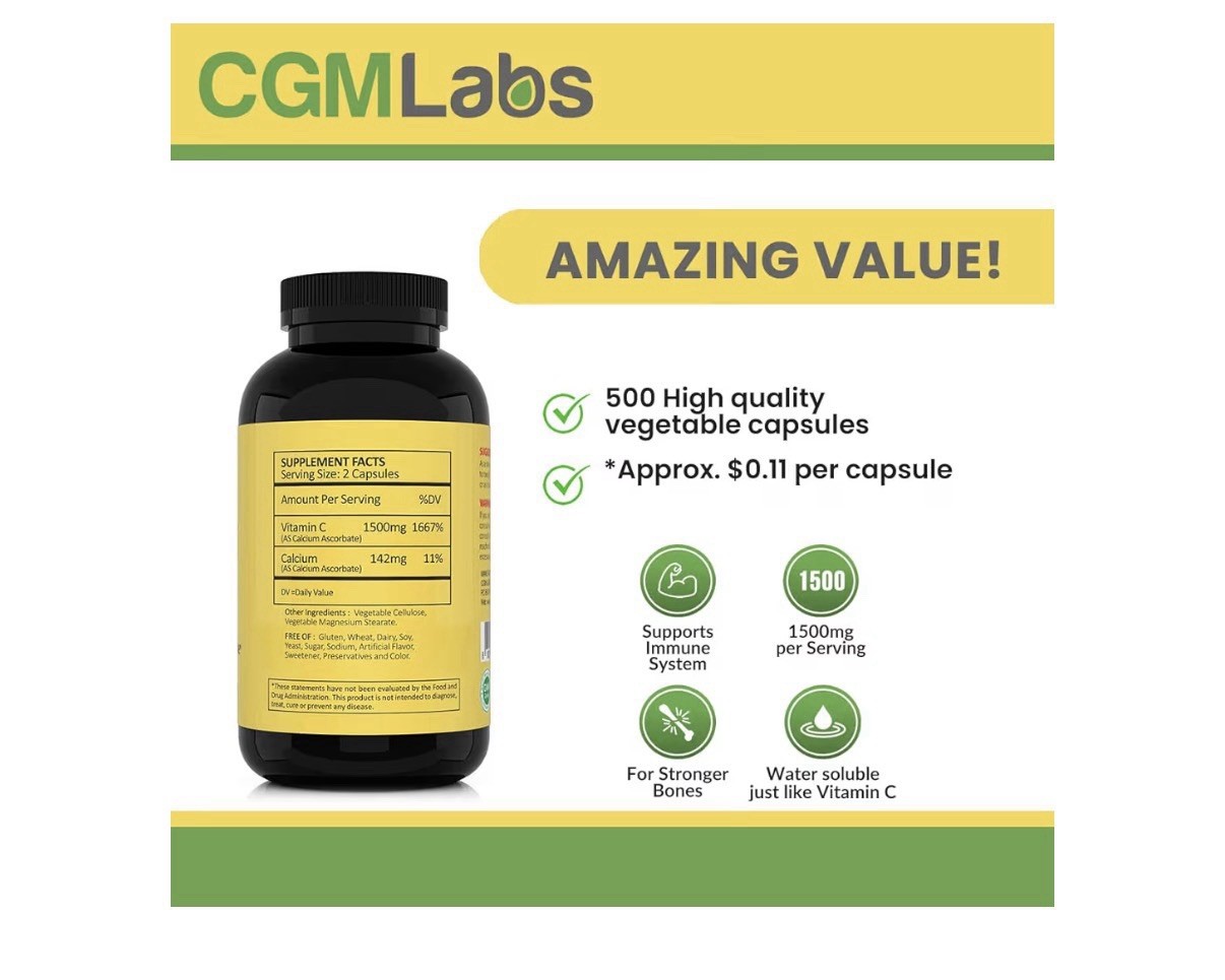 CGMLABS Non Acidic Vitamin C 1500mgDietary Supplement with Calcium 500 Capsules