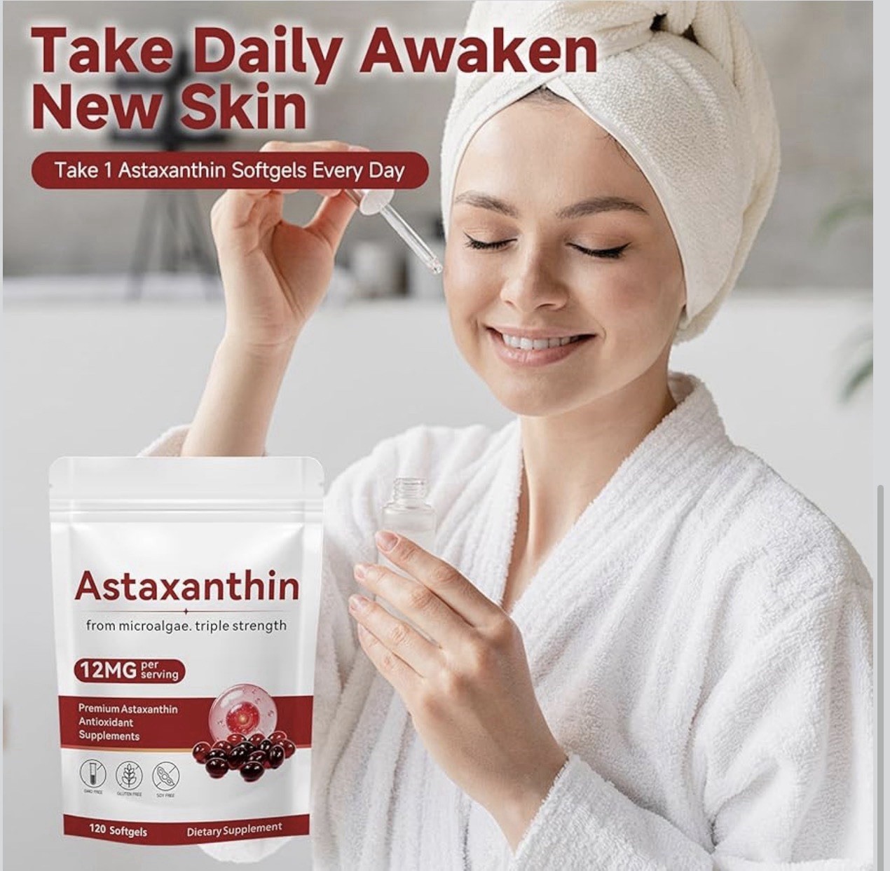 3 pcks Astaxanthin 12mg Antioxidant Softgels 120 ct GMO/Gluten/Soy Free