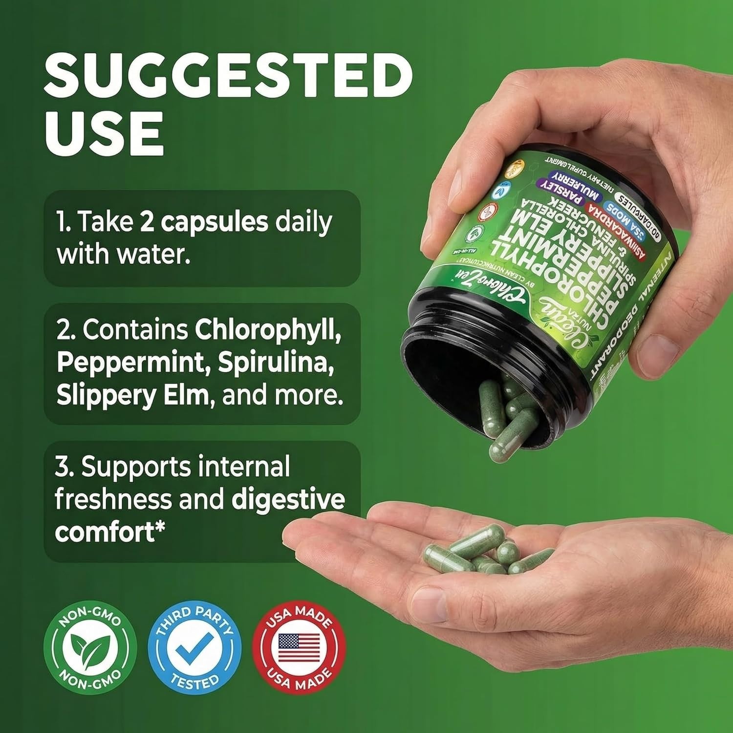 Clean Nutra Chlorophyll Capsules + Peppermint Slippery Elm Spirulina exp. 3/2028