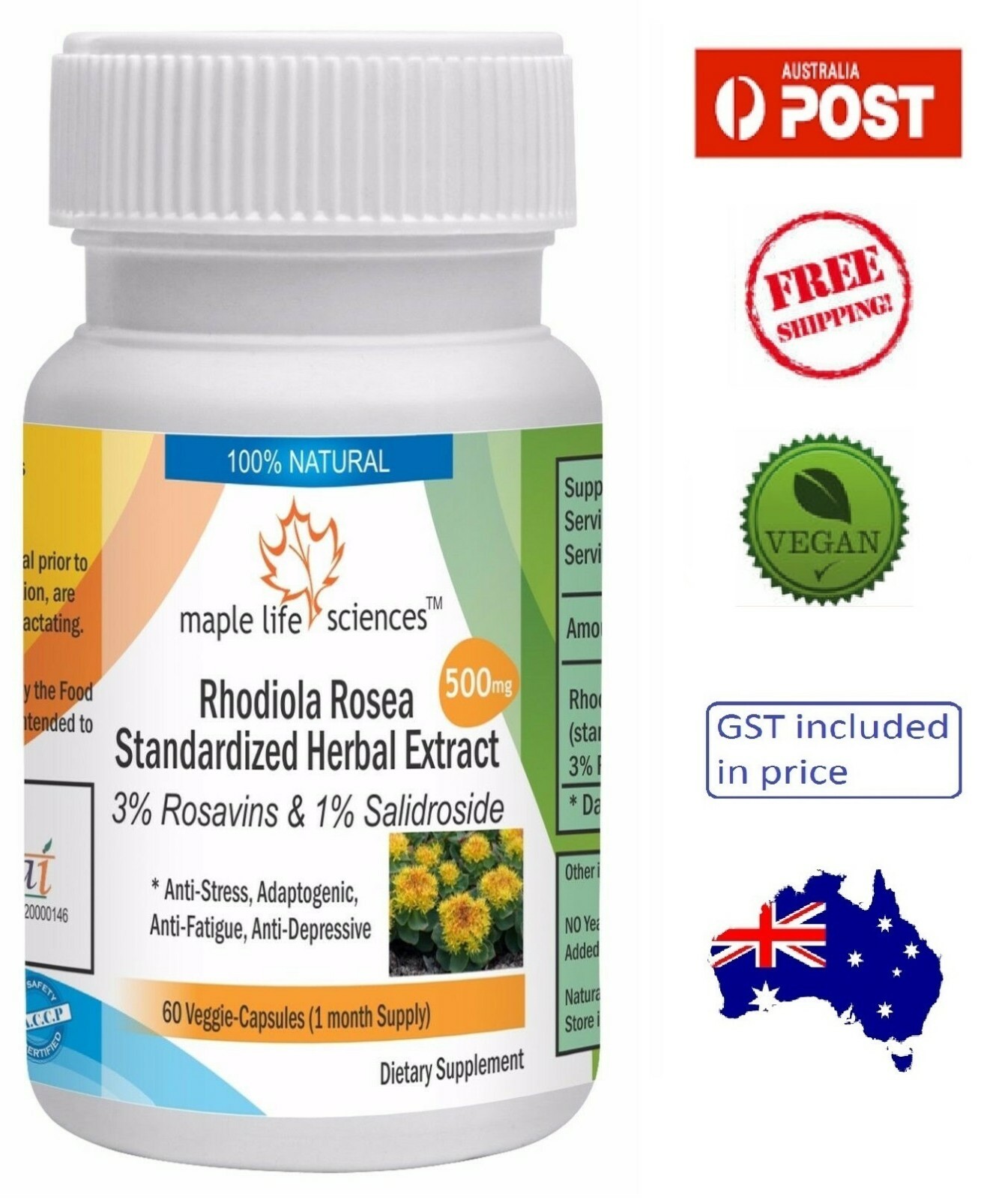 Rhodiola Rosea MAX Potency 12:1 Extract Capsules – 500mg – AU Stock