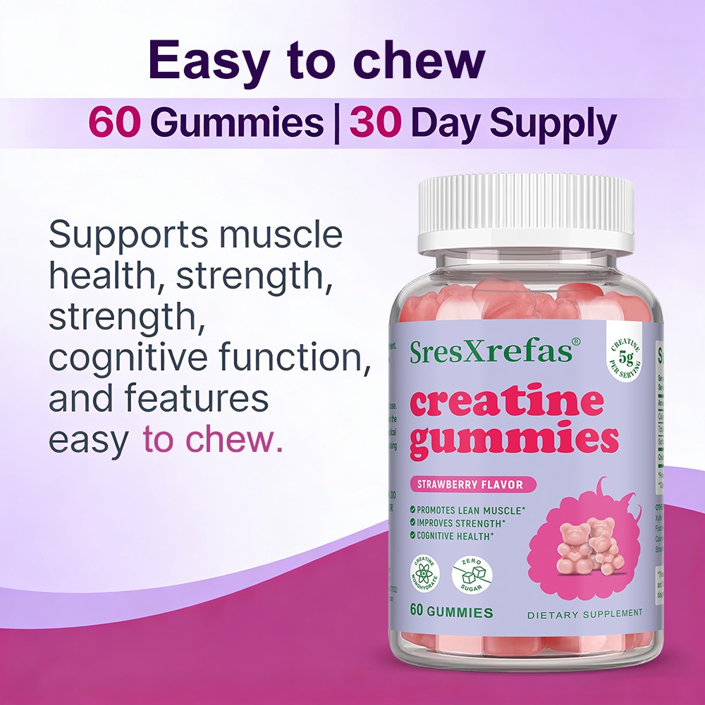 Sresxrefas Creatine 60 Gummies Improves Strength Strawberry Flavor Sugar Free