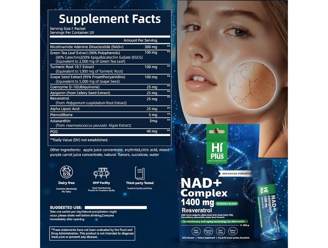 Hi Plus NAD+ Complex Powder 1400mg Resveratrol Blend 200g 20 Packets