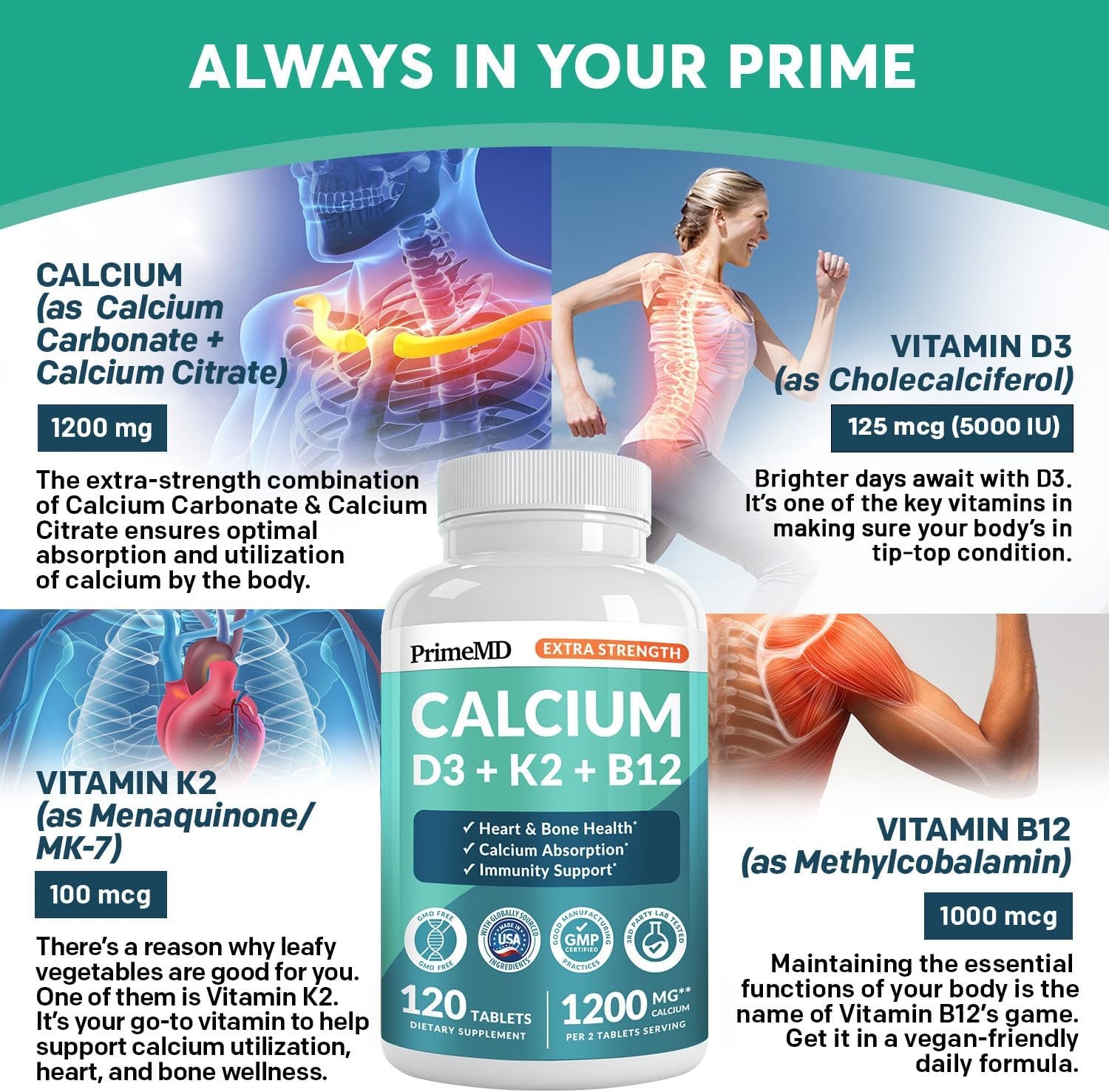 4-in-1 Calcium 1200 mg with Vitamin D3 K2 – Extra Strength Calcium Supplements f