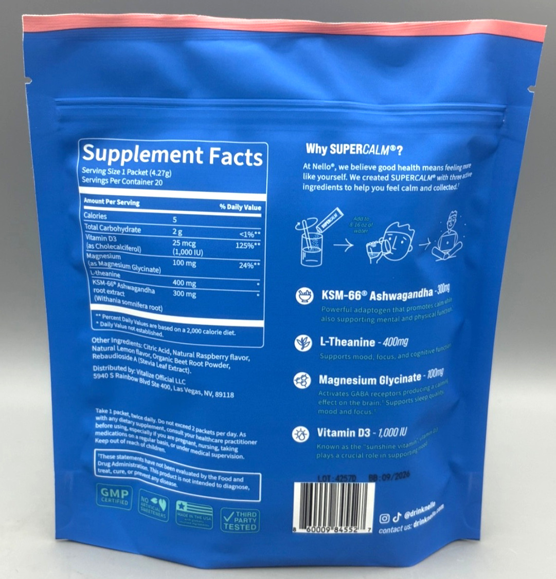 Nello SuperCalm Calming Drink Mix Relaxation & Focus Raspberry Lemonade 20 Svrgs