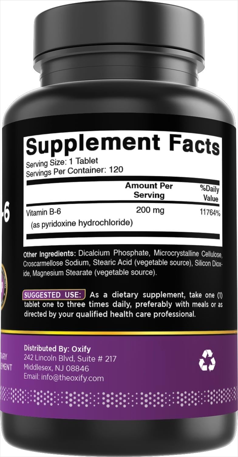 Oxify Vitamin B-6 (Pyridoxine) 200 mg, 120 Tablets, Made in USA