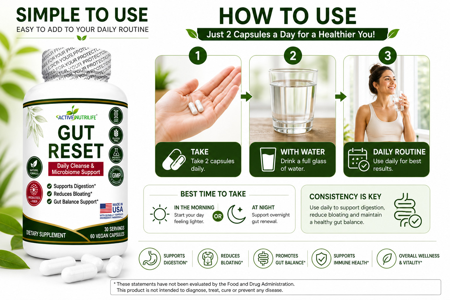 Gut Reset Probiotics Fiber Capsules for Digestion Bloating Relief 60ct