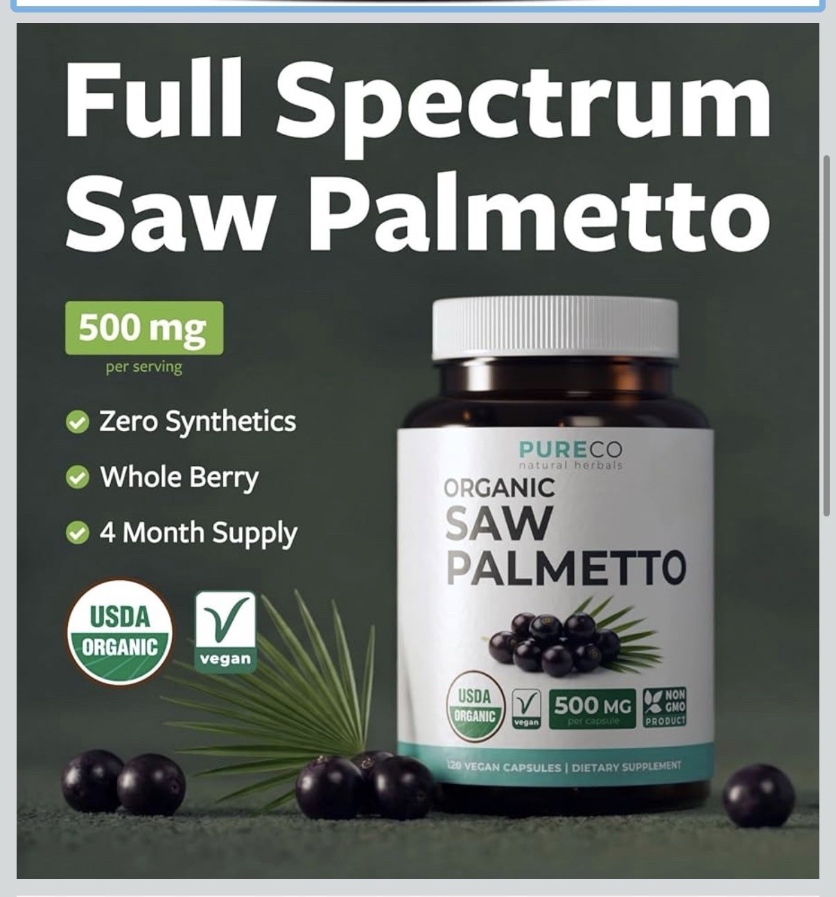 PURE CO USDA Organic Saw Palmetto – Urinary Tract – Whole Berries – 120 Capsules