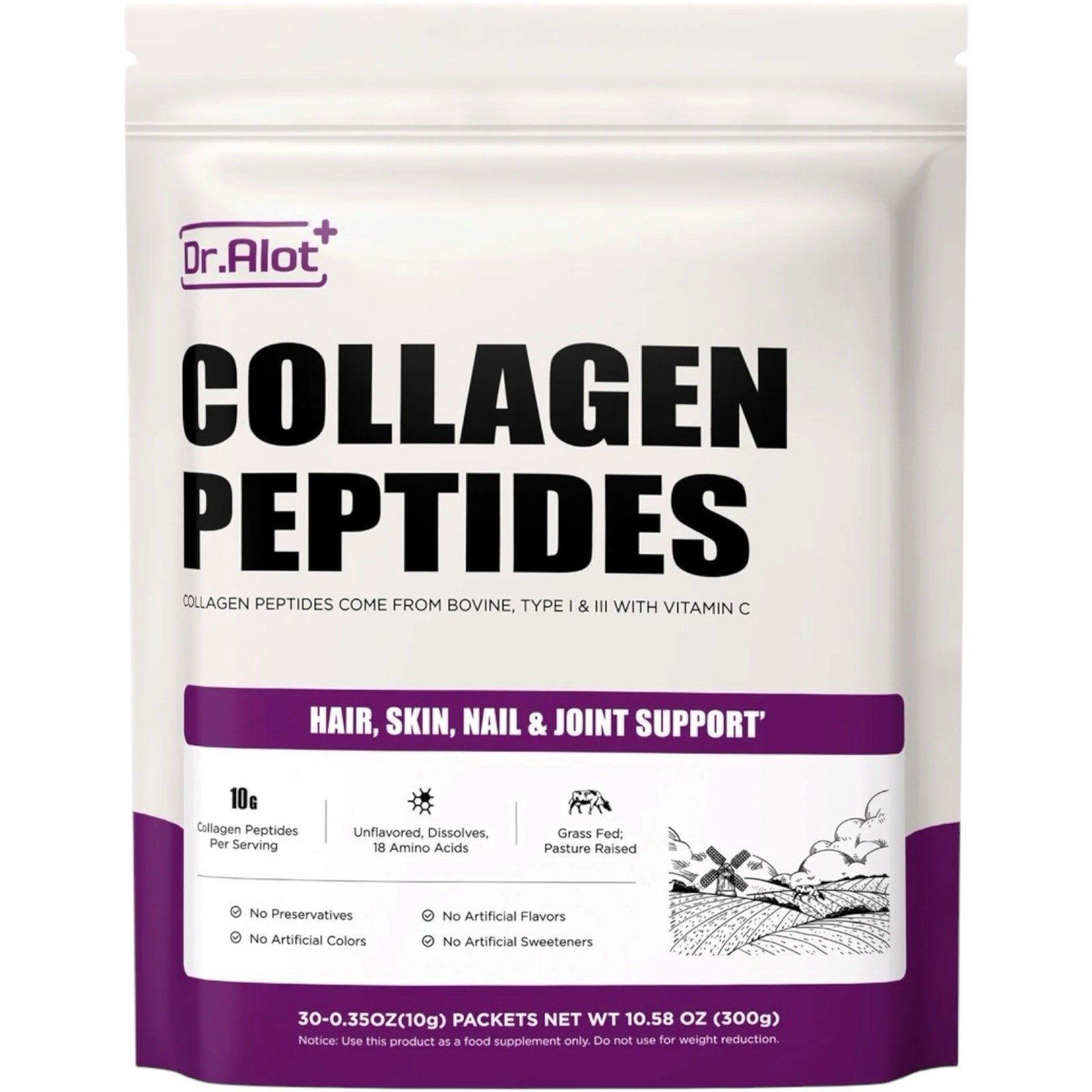 NEW Lot 2 Dr. Alot Collagen Peptides Vitamin C Hair Skin Nail Joint GRASS FED