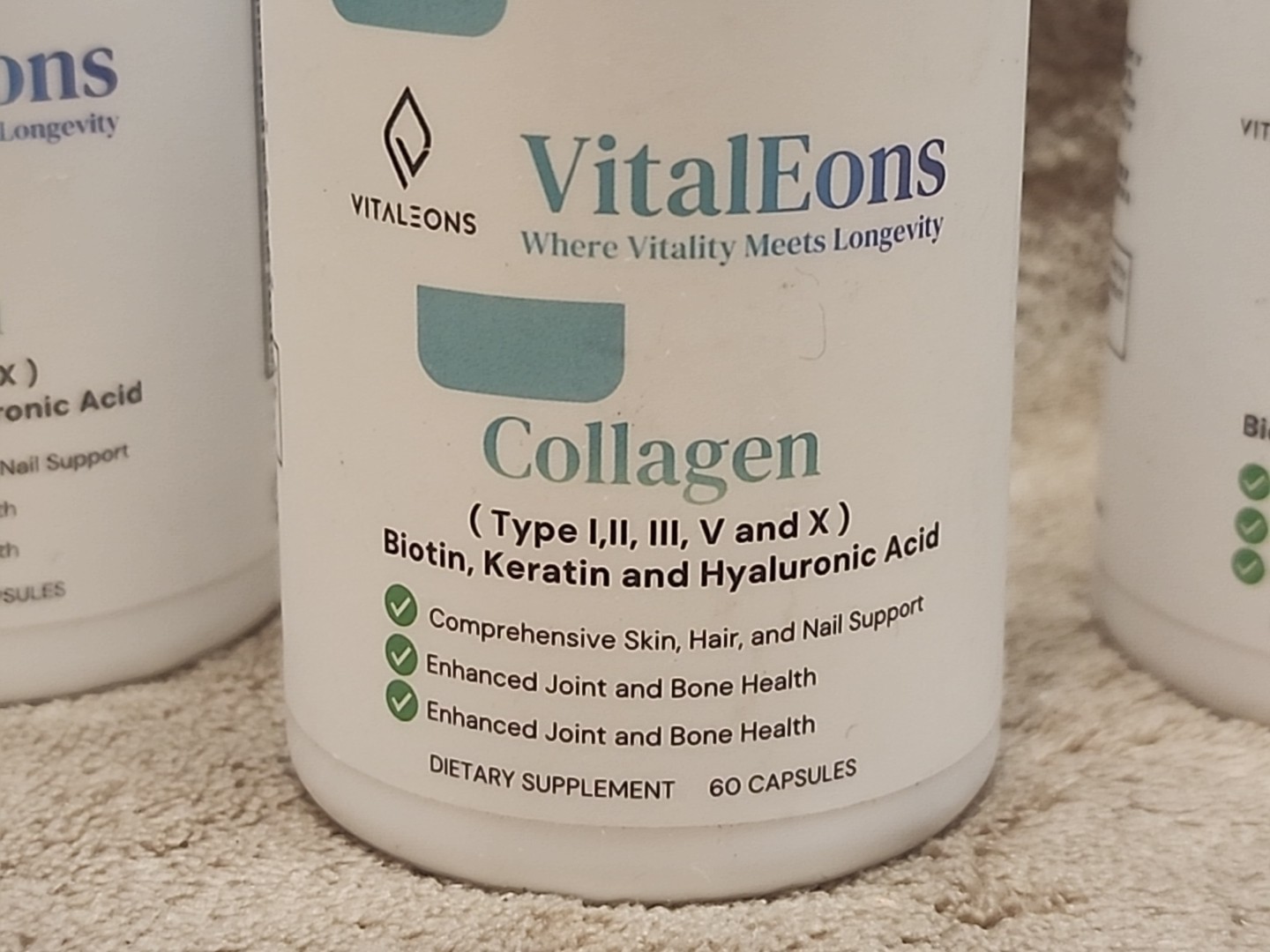 3 Bottles: VitalEons Collagen 60 Capsules Type I, II, III, V & X Exp. 06/12/2026