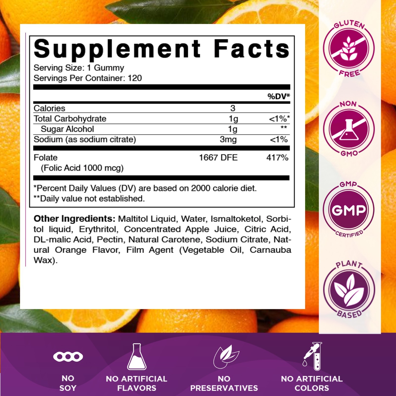 Vitamatic Folic Acid Gummies 1000 mcg (1 mg) Vitamin B9 – 120 Vegan Gummies