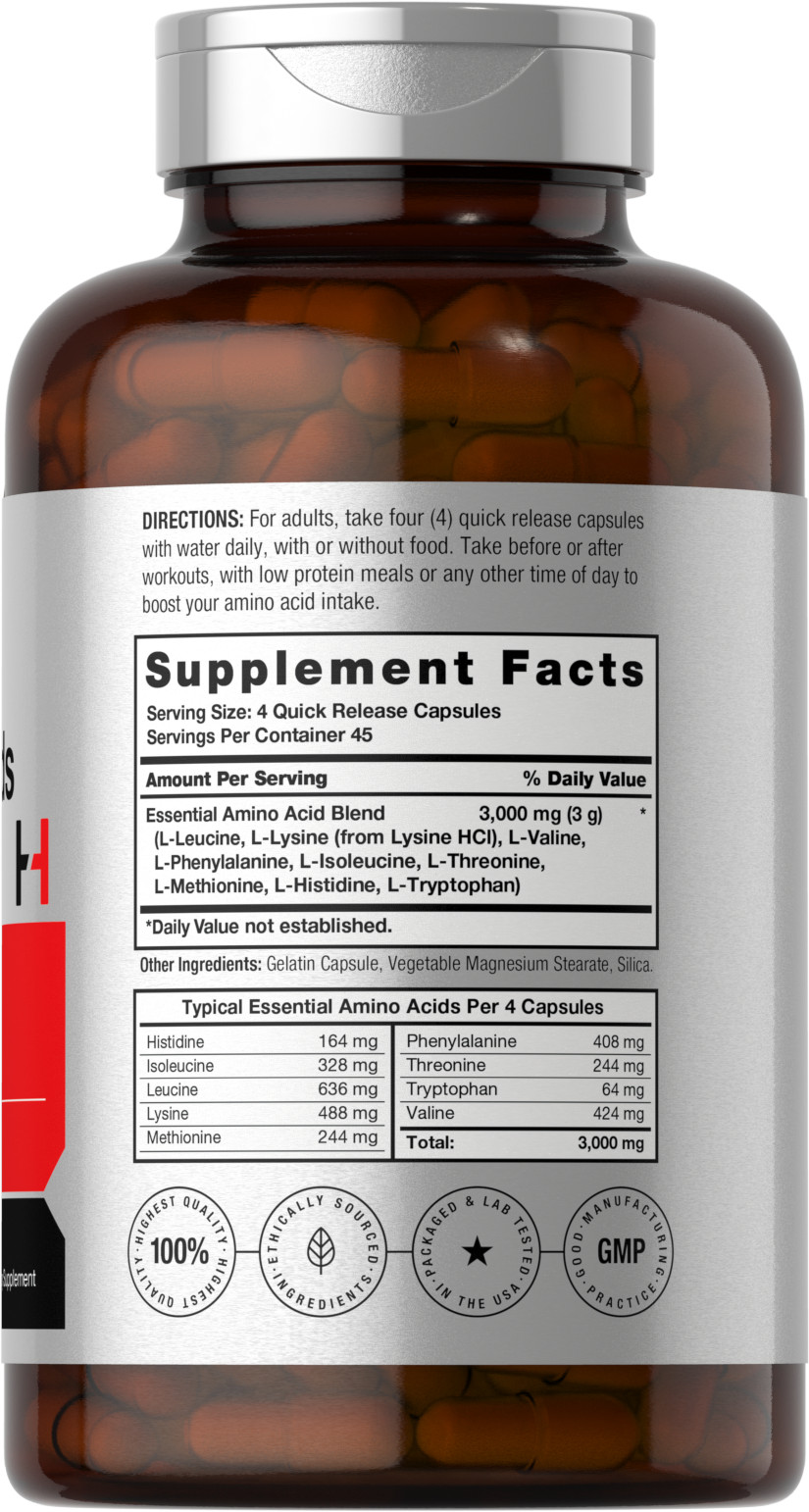 Essential Amino Acids | EAA Supplement | 180 Capsules | Non-GMO | by Horbaach