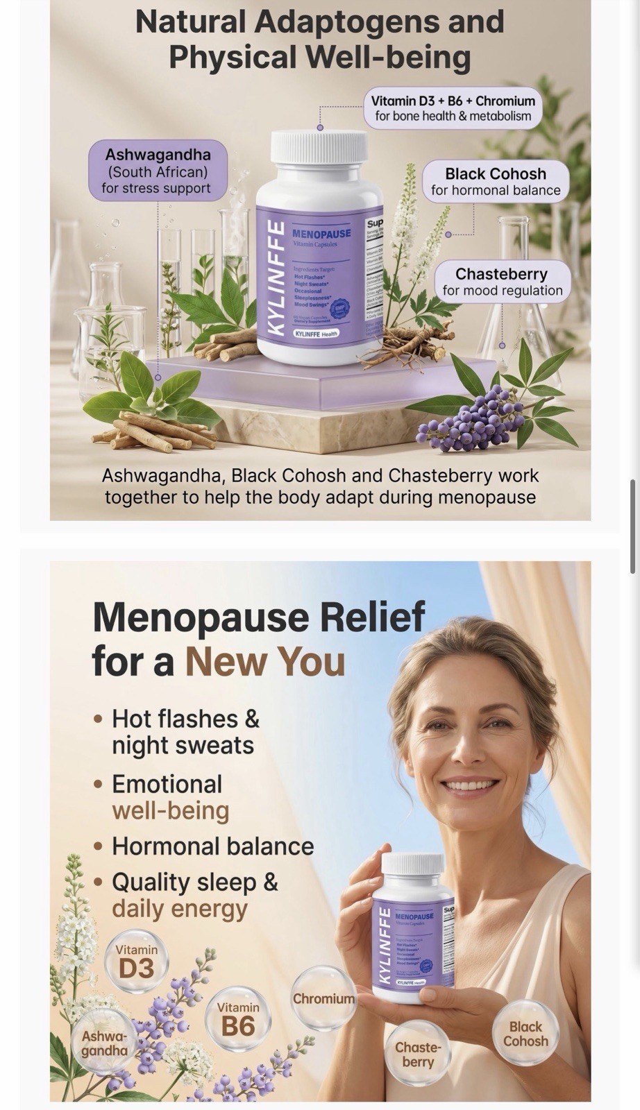 KYLINFFE Menopause Support Vegan Capsules 60ct D3 B6 Chromium Exp 03/2028