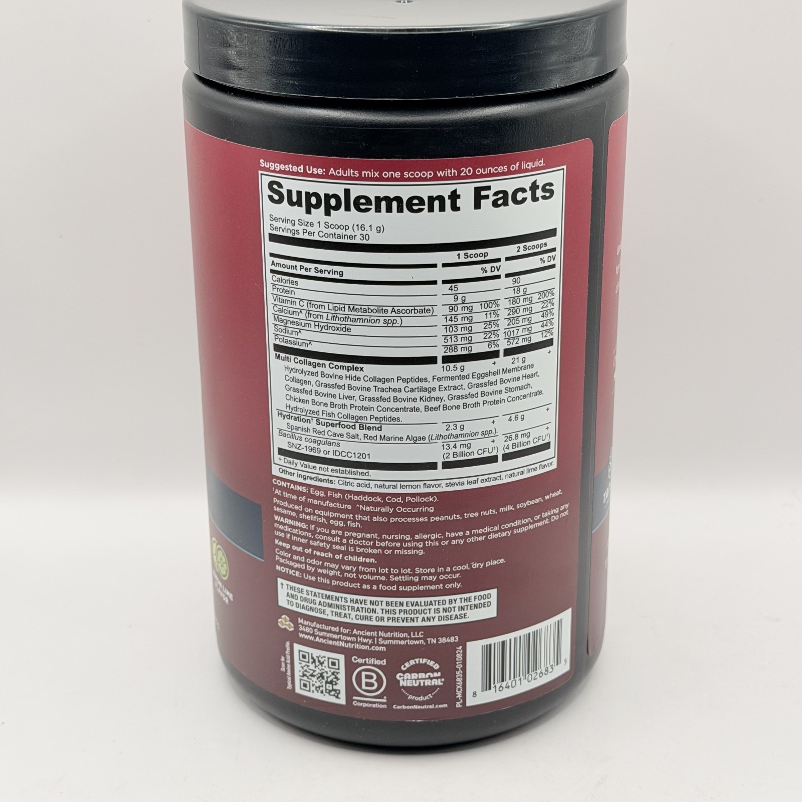 Ancient Nutrition Multi Collagen Protein Hydrate 16.9 oz Lemon Lime Sealed New