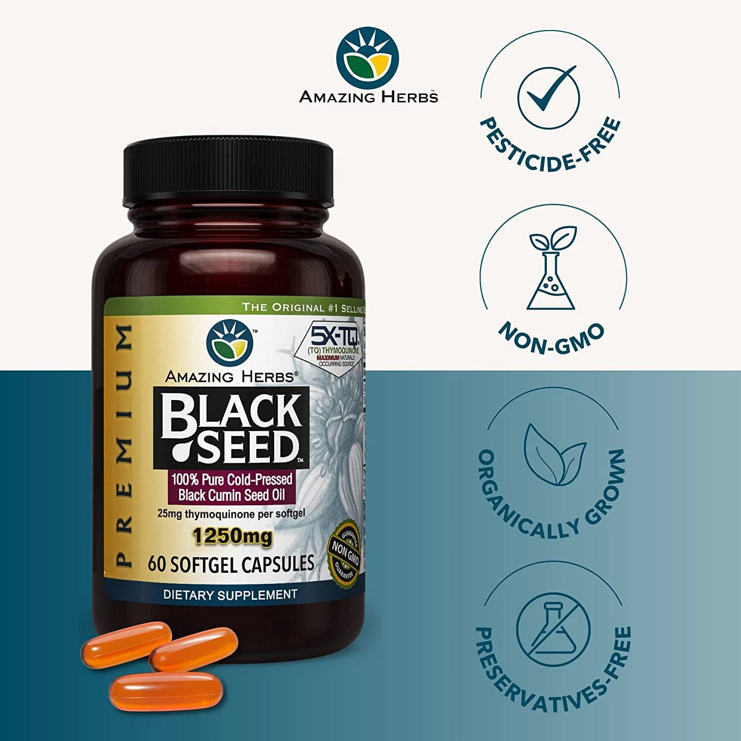 Amazing Herbs Premium Black Seed Oil Softgels Capsule 1250 mg 60 ct 3 Pack