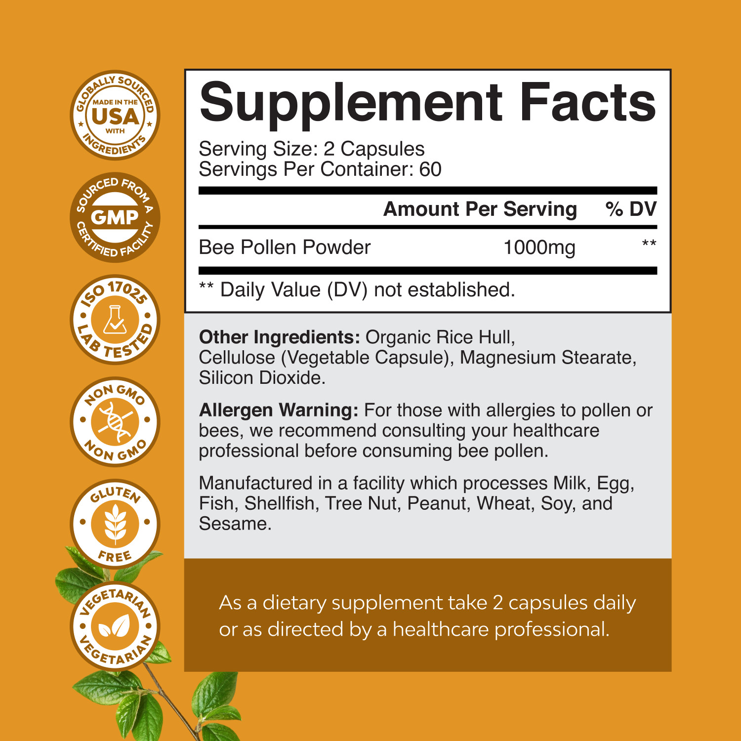 Bee Pollen Supplement 1000mg per Serving – Pure Vegetarian Gluten-Free 120ct