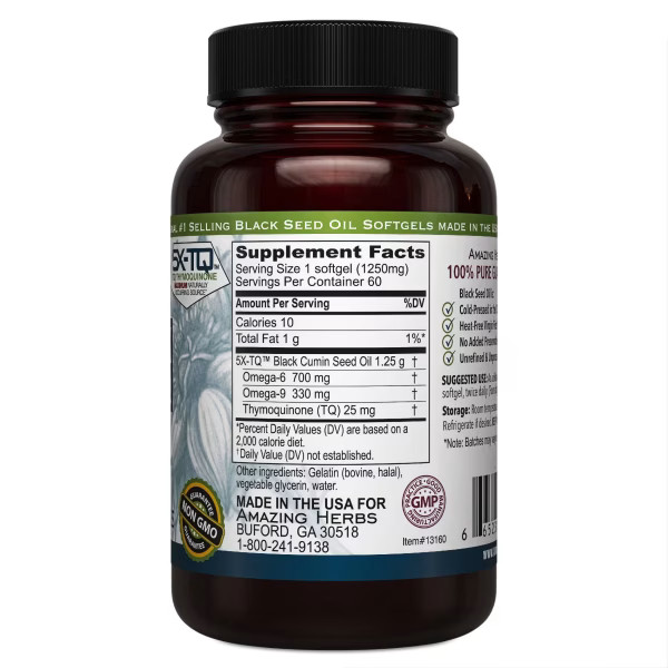 Amazing Herbs Premium Black Seed Oil Softgels Capsule 1250 mg 60 ct 3 Pack