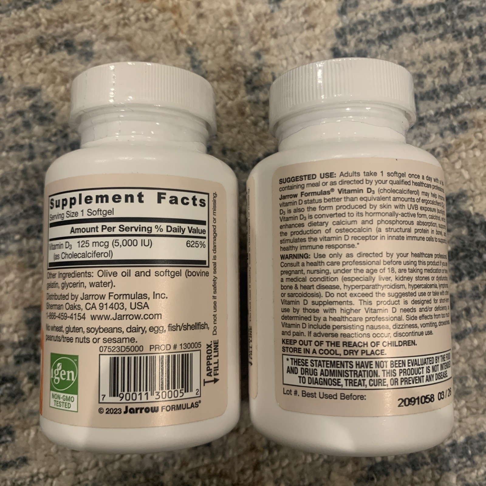 2x Jarrow Formulas Vitamin D3 Gluten Free 5000IU 200 Soft-gels BB:3/2026