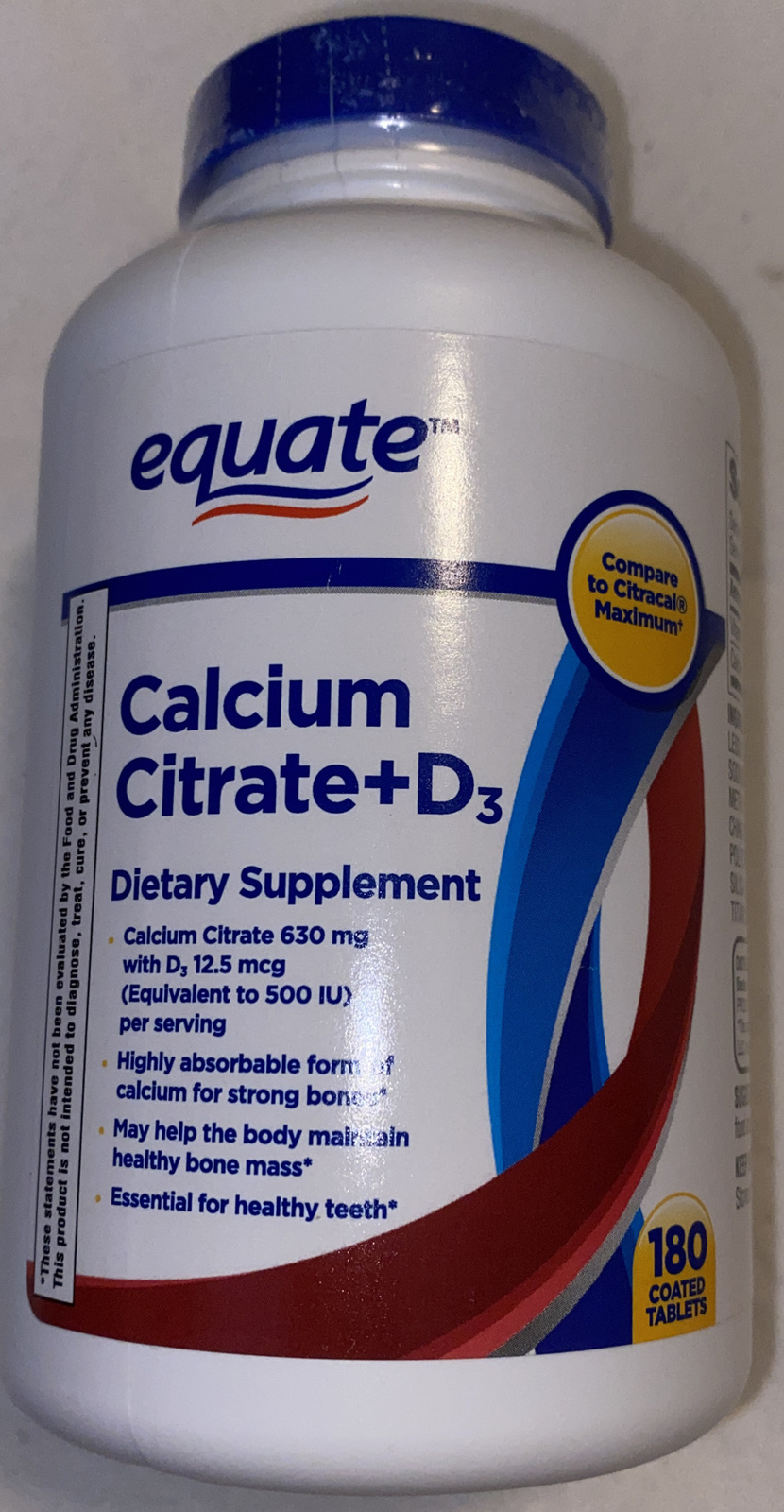 Equate Calcium Citrate + D3 Coated Tablets, 180 Count Bone & Joint Health Bone.+
