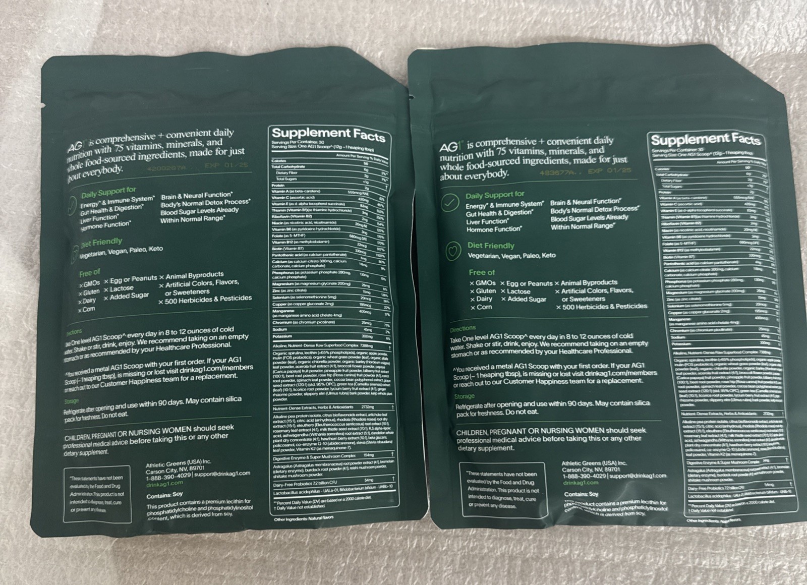 2 – AG1 Athletic Greens Powder Pouch 12.7oz/360g – 30 Day Supply 01/25