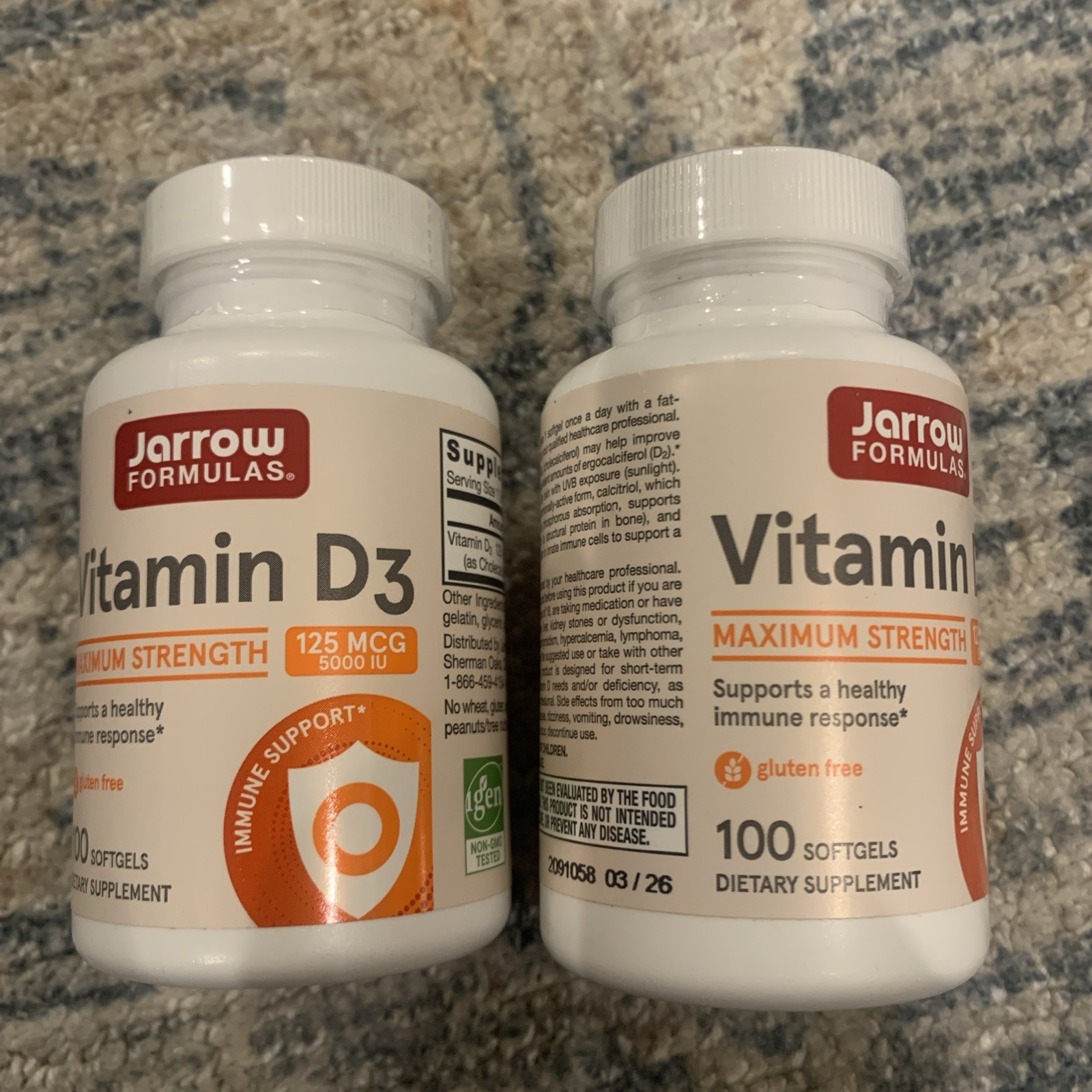 2x Jarrow Formulas Vitamin D3 Gluten Free 5000IU 200 Soft-gels BB:3/2026