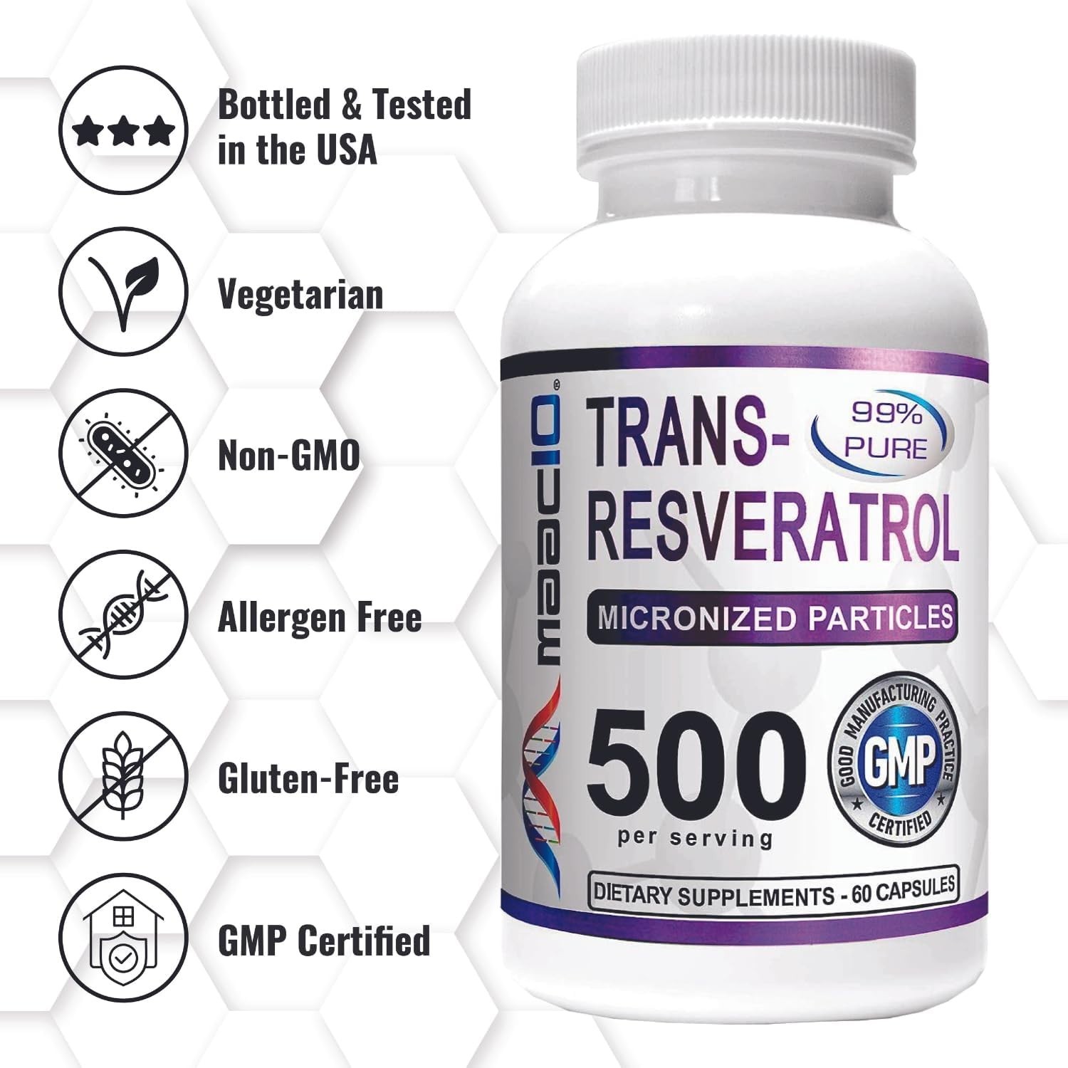 Resveratrol, 99% Pure, Micronized Trans-Resveratrol, 500mg, 60 capsules