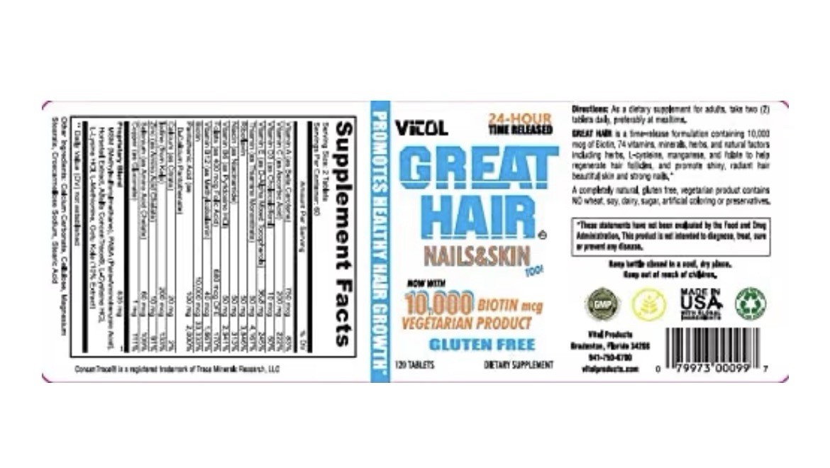 Vitol Great Hair Nails Skin 10,000 mcg Biotin Time Released 120Tablet Supplement