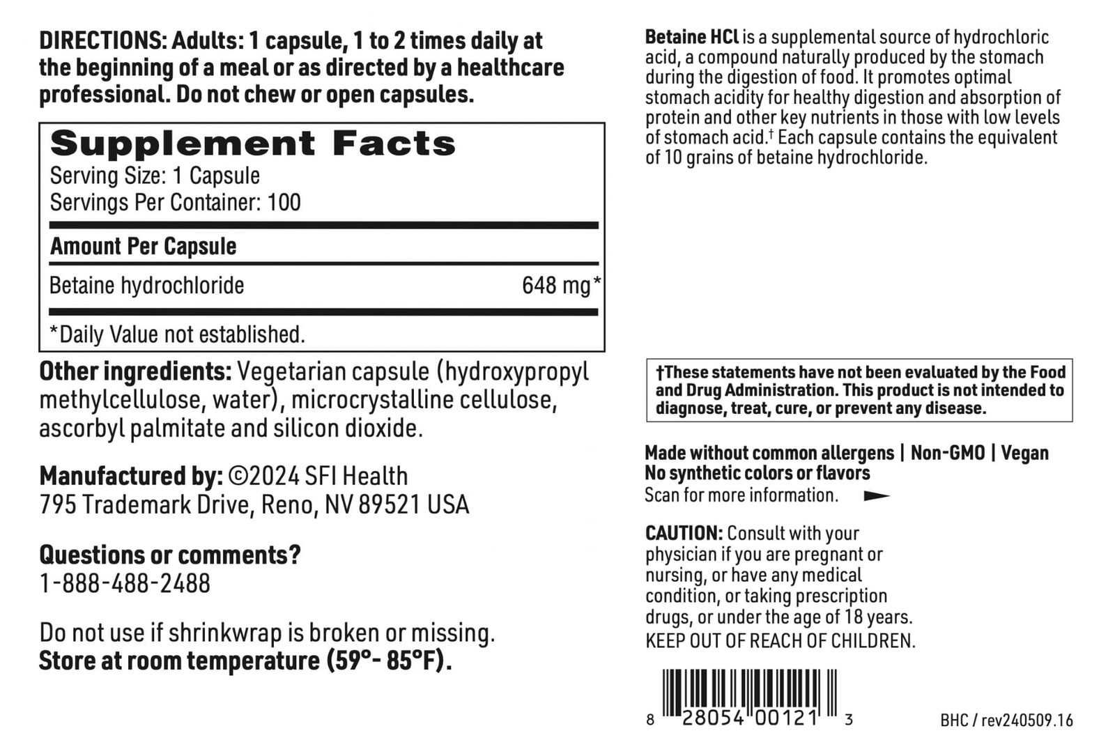 Klaire Labs SFI Health Betaine HCl 648mg – 100 Count (Pack of 1)