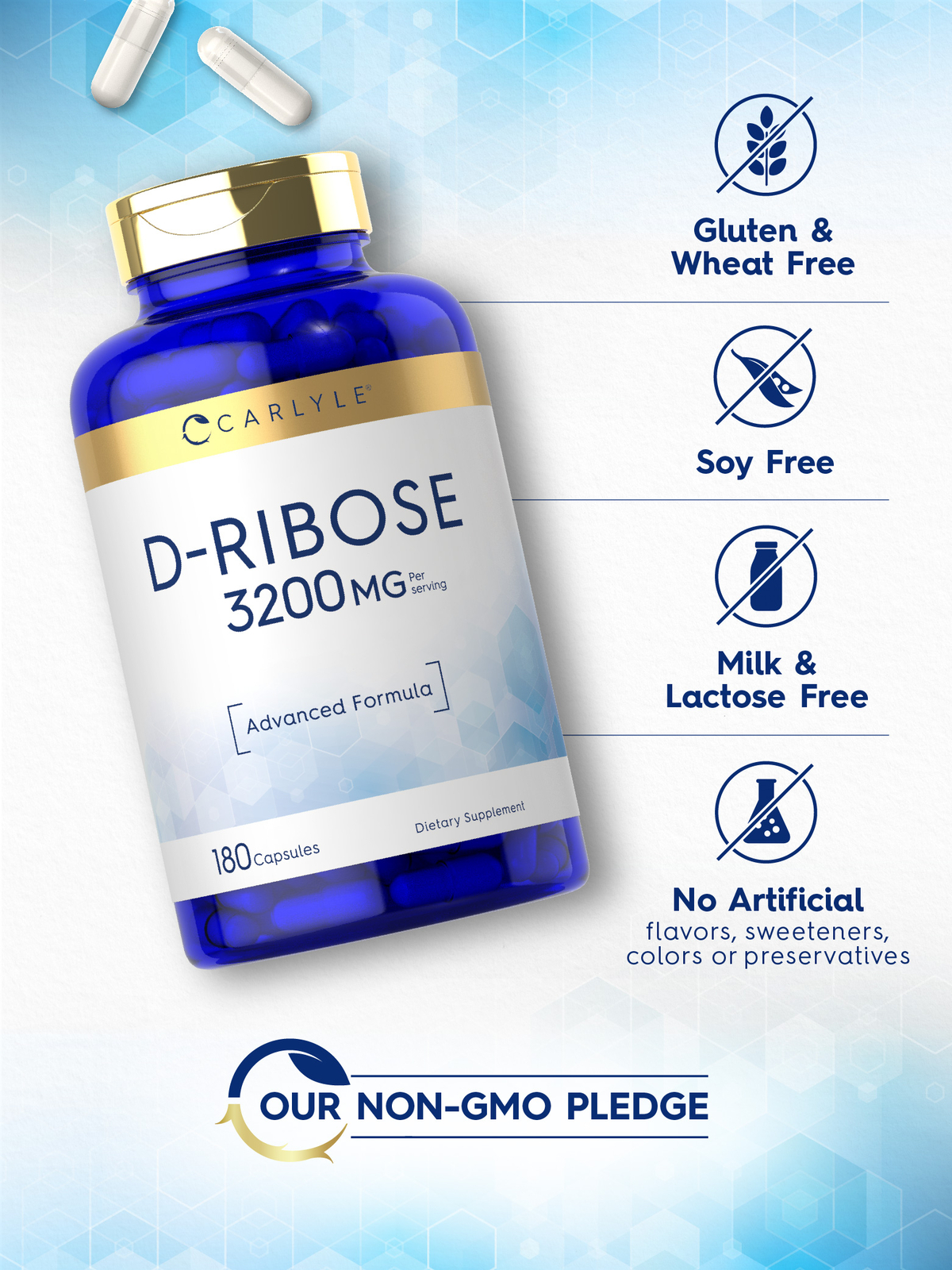 D-Ribose Capsules 3200mg | 180 Count | Vegetarian, Non-GMO | by Carlyle