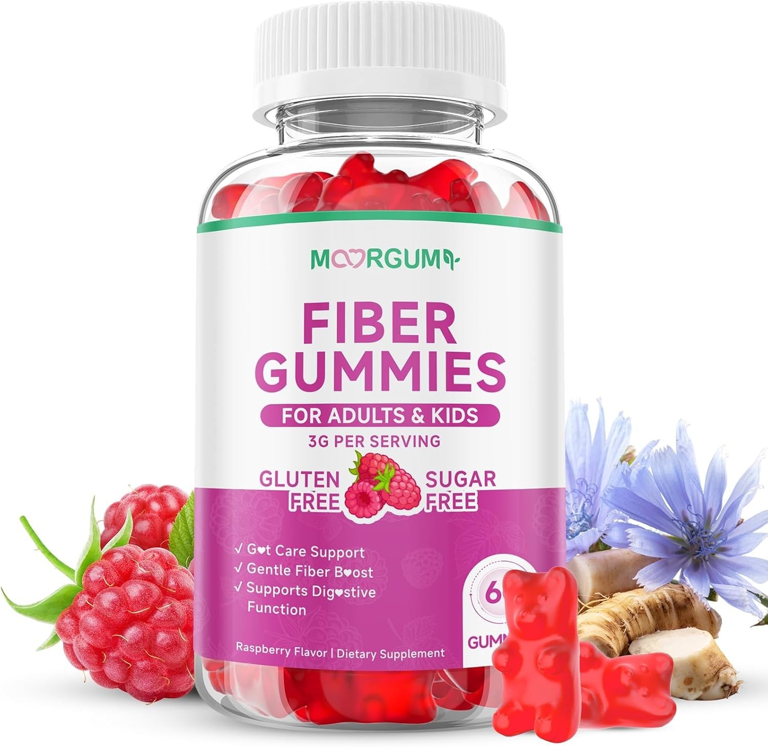Sugar Free Fiber Gummies 60ct – Organic Chicory Root Digestive Health Vegan Kit