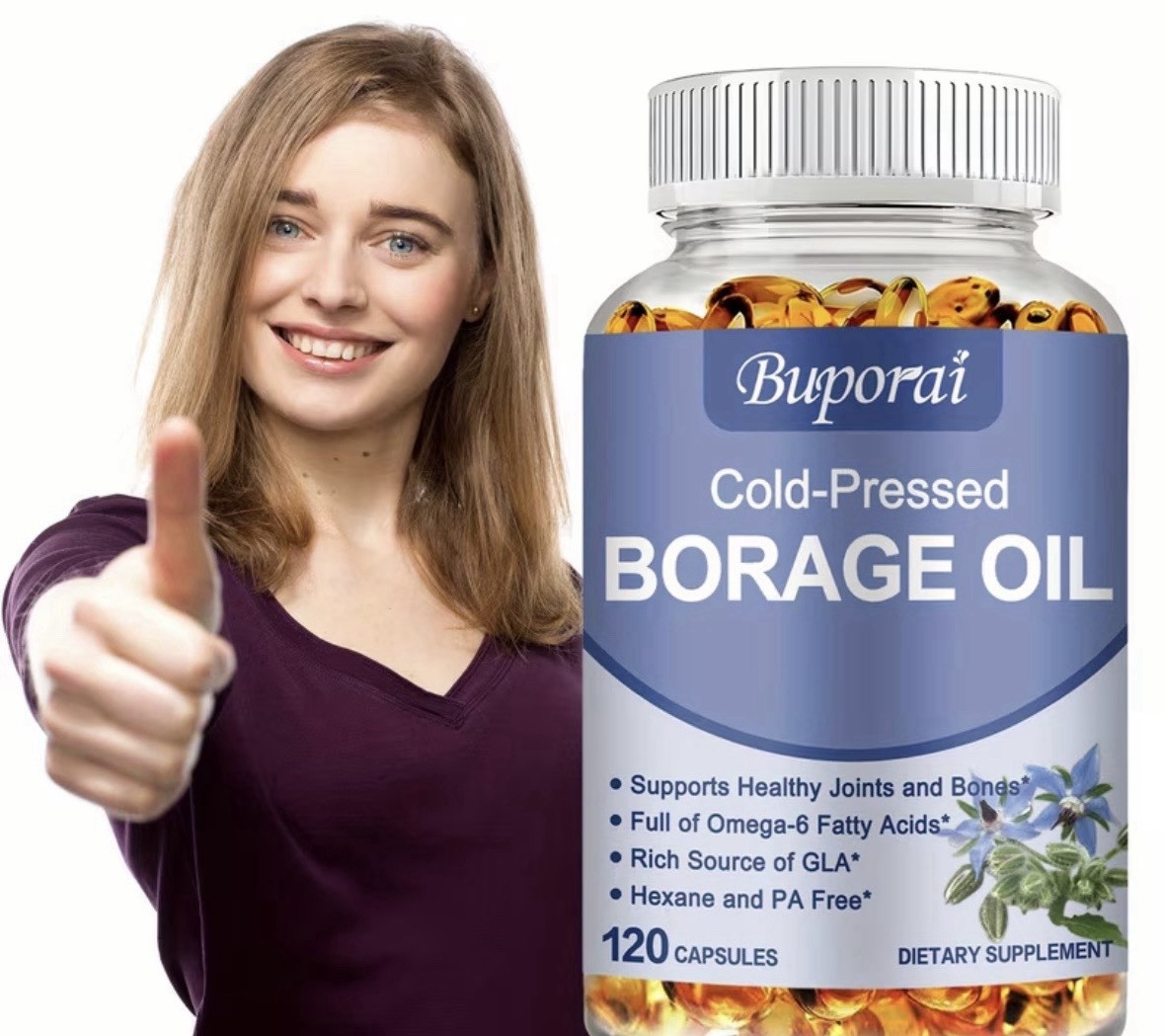 Buporai Cold-Pressed Borage Oil 1000mg Hexane-Free 120 Capsules Joint