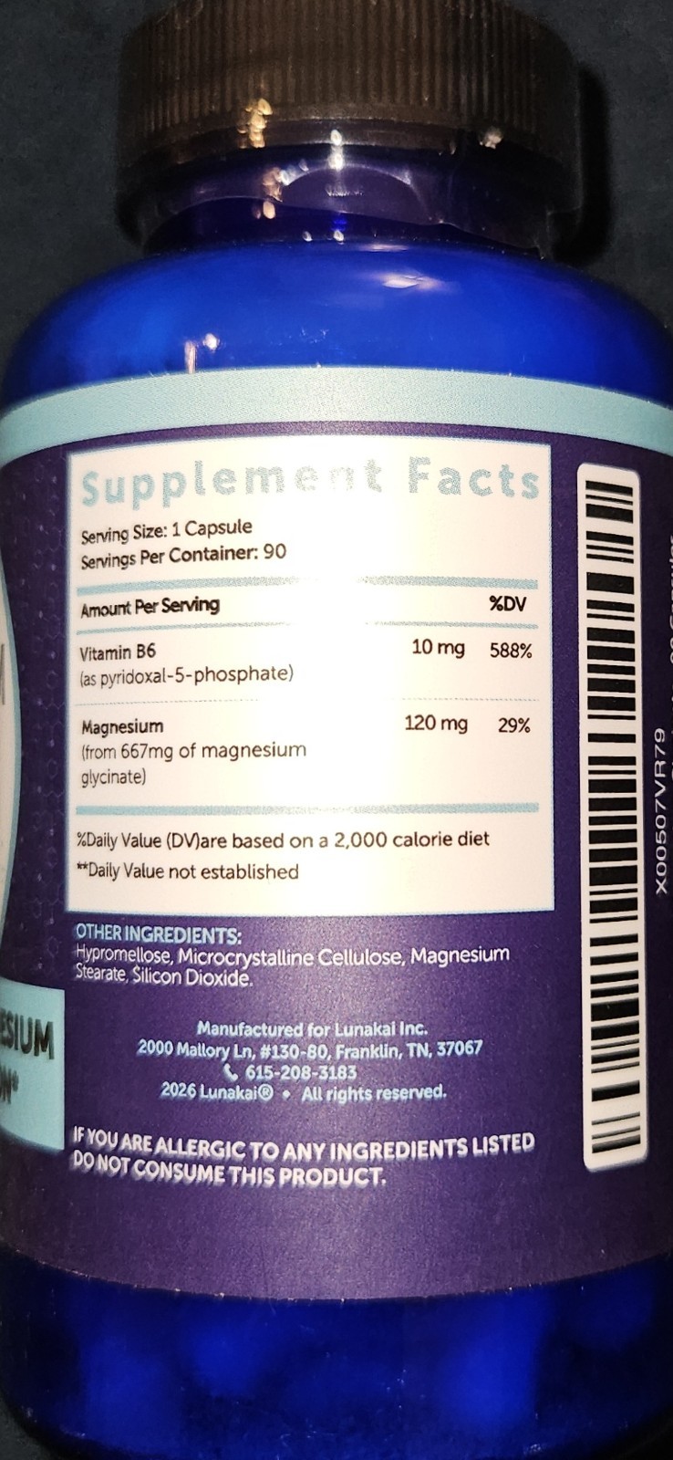Lunakai USA Made Pure Magnesium Glycinate Capsules 120mg with B6 (P-5-P) 90ct