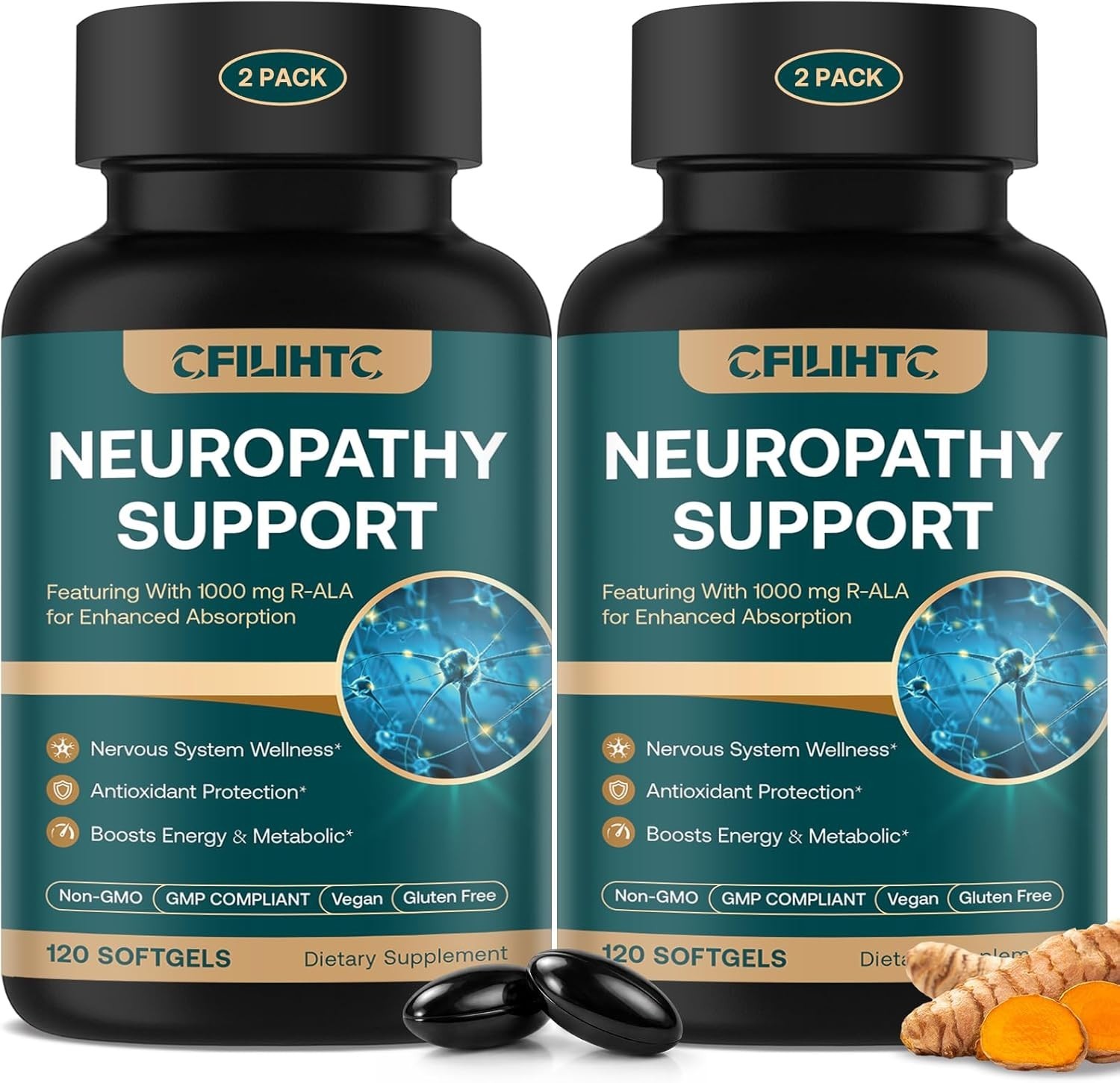 2-Pack Neuropathy Support Alpha Lipoic Acid Benfotiamine NAC B-Complex 120 Each