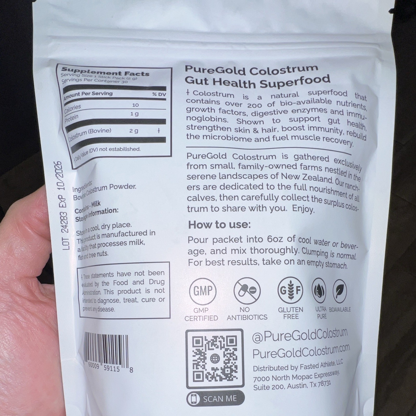 PureGold Colostrum Powder Grass-Fed Unflavored 30 Packets 60g Exp 10/2026