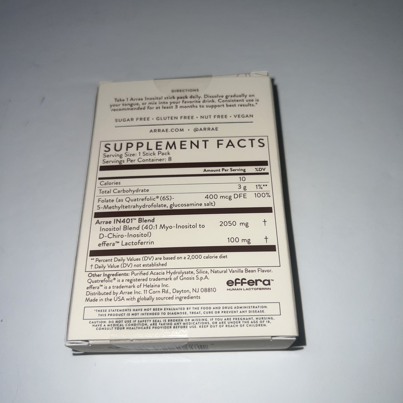 arrae Core Nutrient Inositol Stick Packs Vanilla Sugar-Free Vegan 8ct