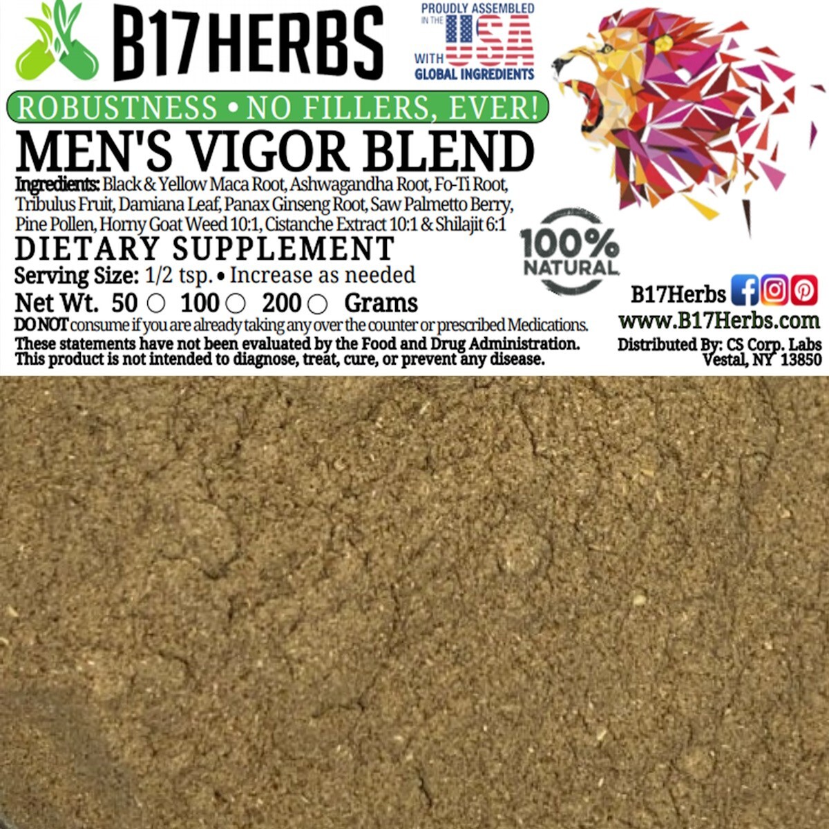 Vigor Special Blend Powder – Cistanche 10:1, Pine Pollen, Ginseng – 100g, 3.5oz.