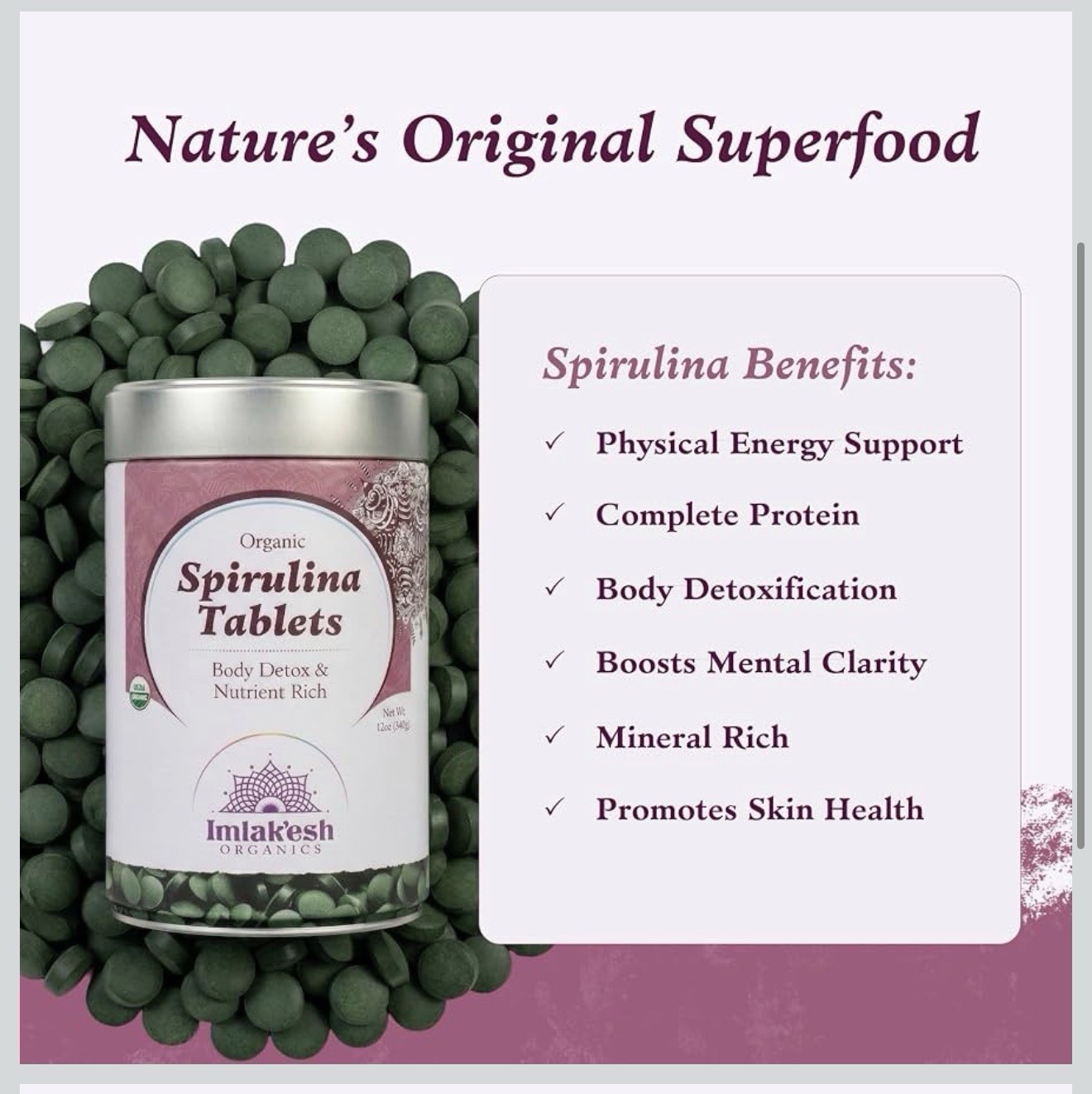 Imlak’esh Organics Organic Spirulina Tablets 340g 60ct Detox Vegan USDA