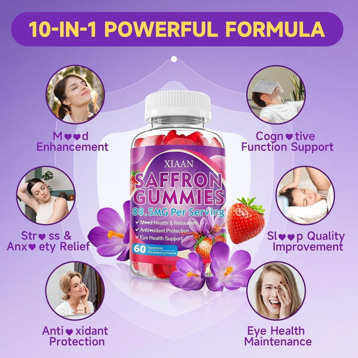 XIAAN Saffron Gummies 88.5mg – 10-in-1 Calm & Focus – Sugar Free Strawberry 60ct