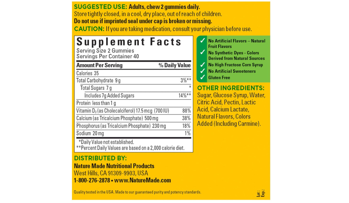 Nature Made Calcium 500mg Gummies with Vitamin D3 80 Count Bone Support