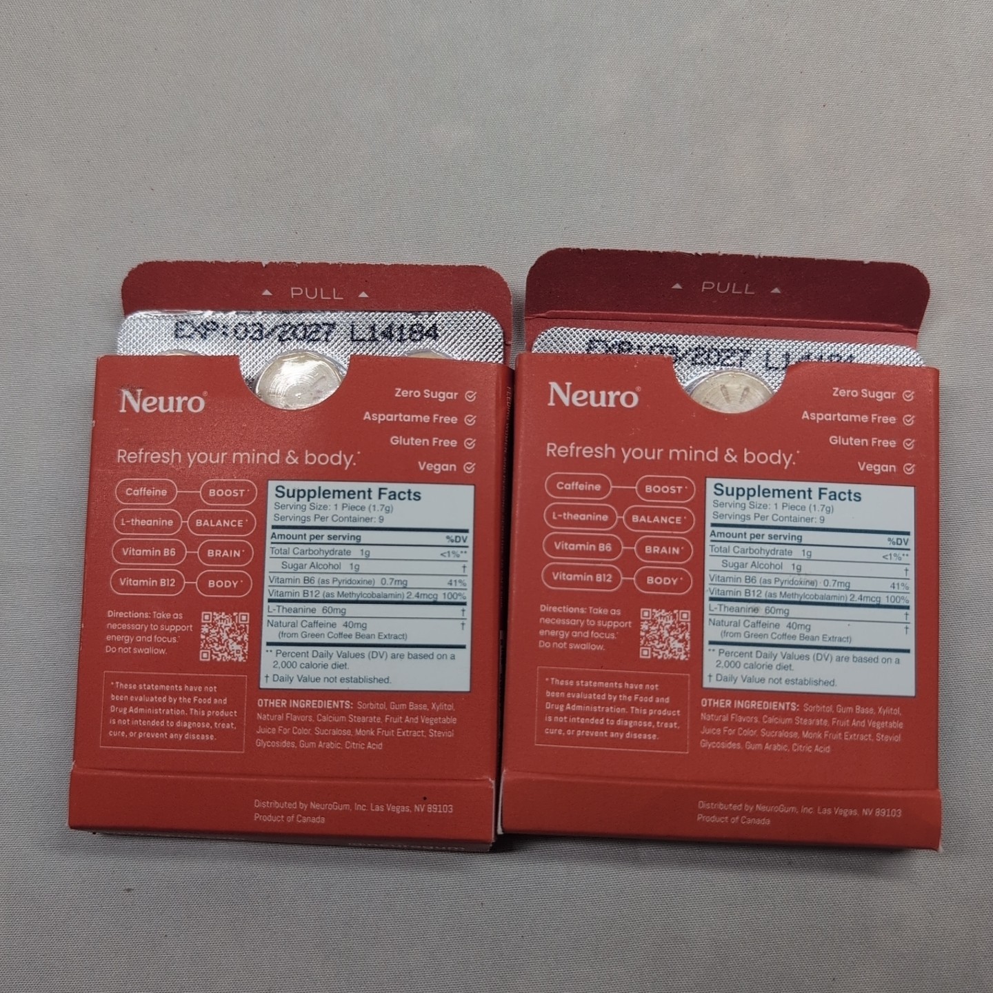 2 Neuro Gum CINNAMON Caffeine B-12, Exp 03/27