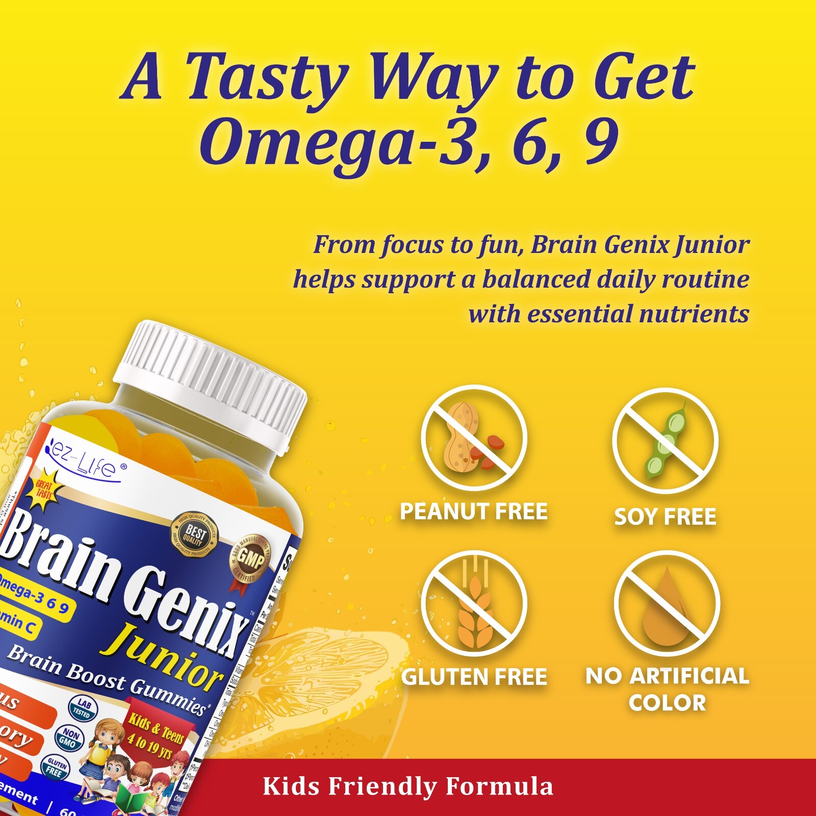 Brain Booster Focus Kids &Teens Gummies, Omega 3 DHA Memory Supplement 60Ct